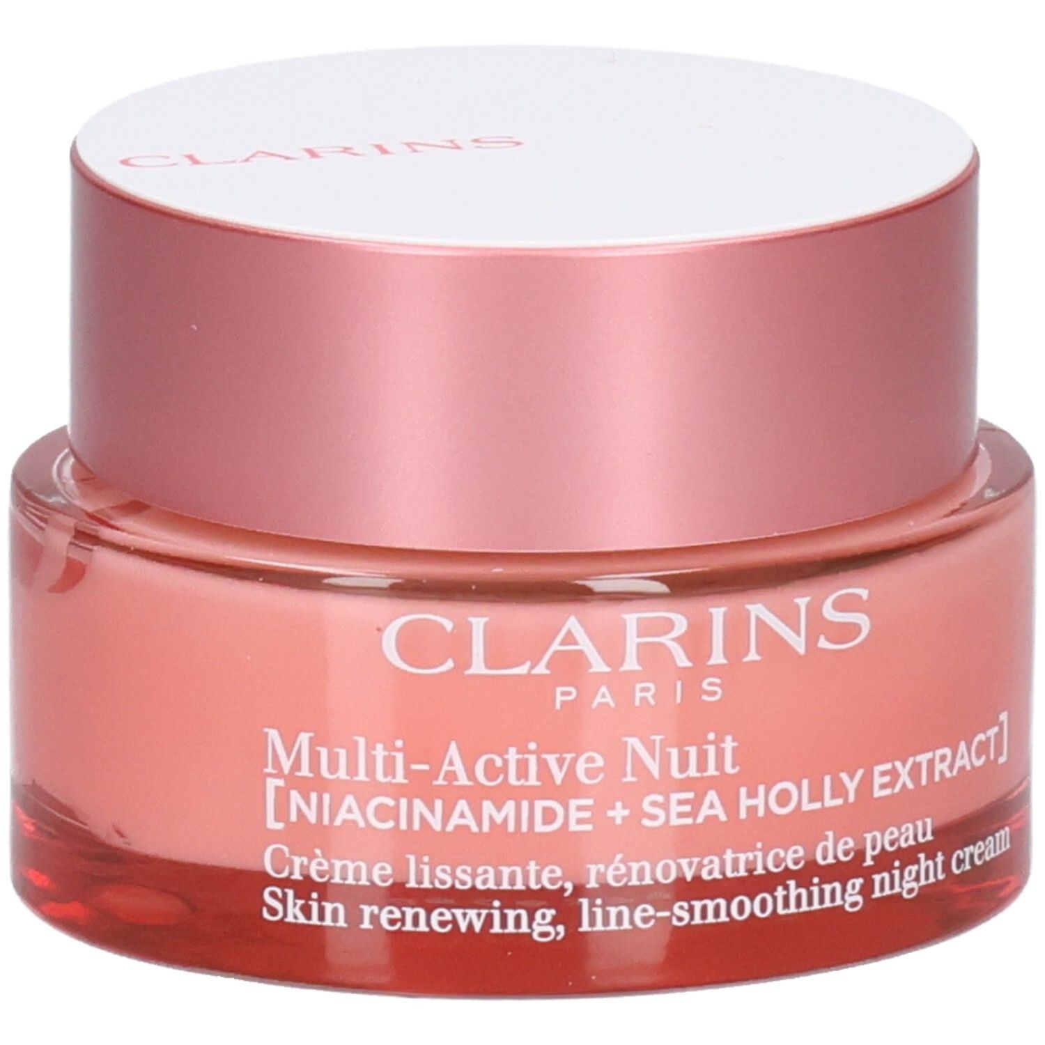 Clarins Multi-Active Nuit, pot en verre avec étiquette et texte, gros plan.