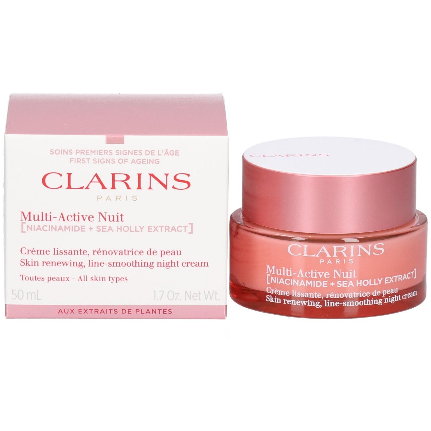 Clarins Multi-Active Nuit et sa boîte d'emballage, tous deux avec des accents roses et blancs.