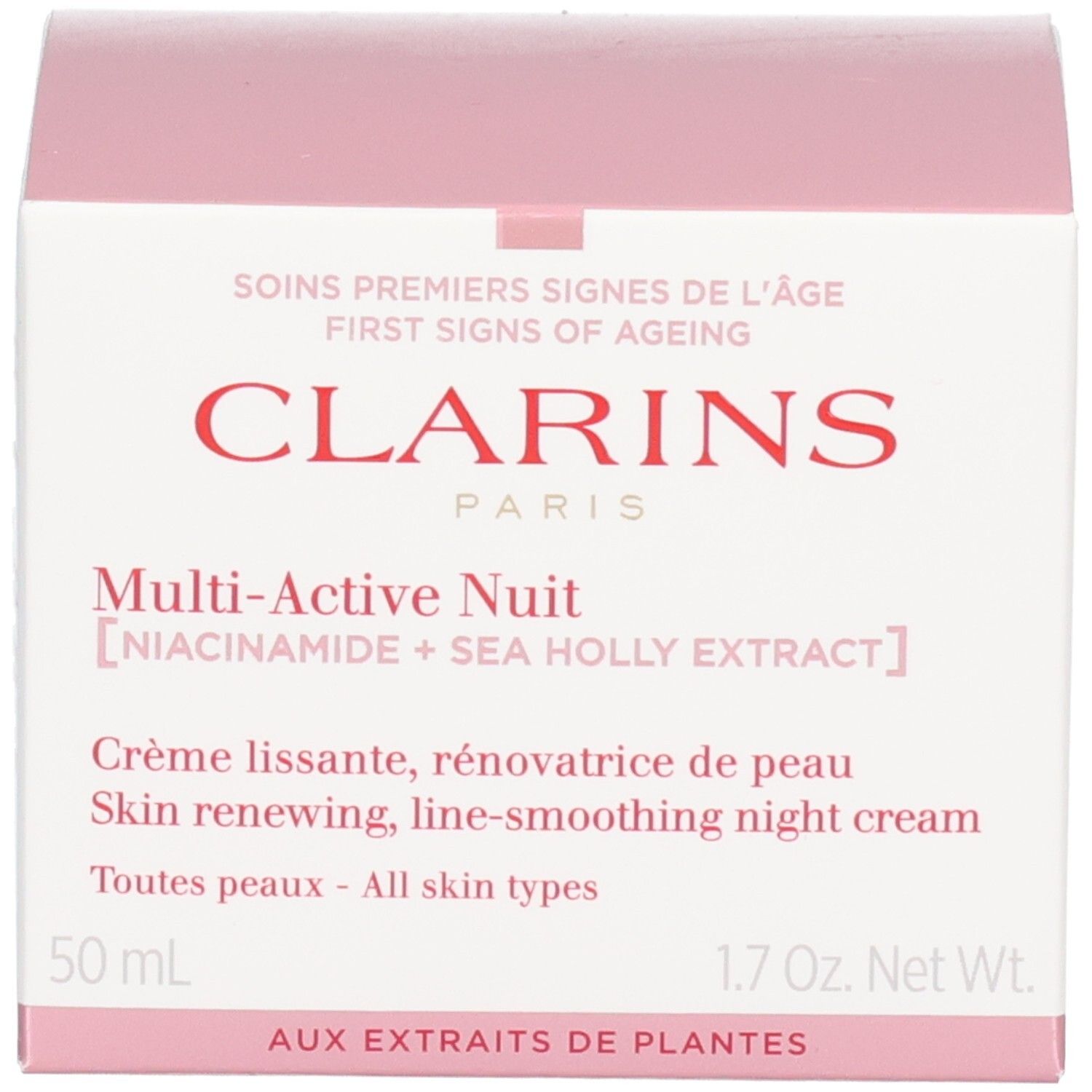 Boîte d'emballage Clarins Multi-Active Nuit avec informations produit et nom de marque.