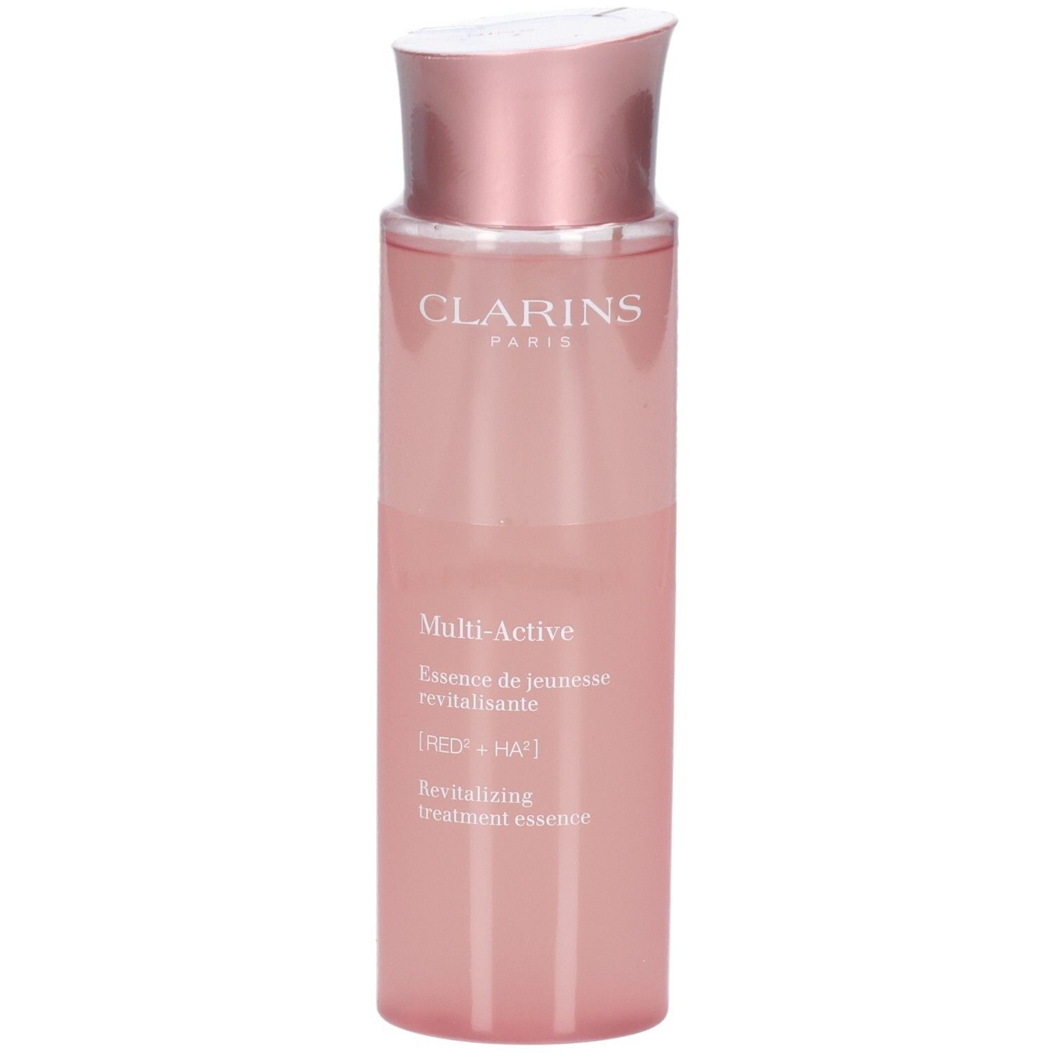 Clarins Multi-Active Essence traitante revitalisante dans un flacon rose avec un capuchon rose doré.