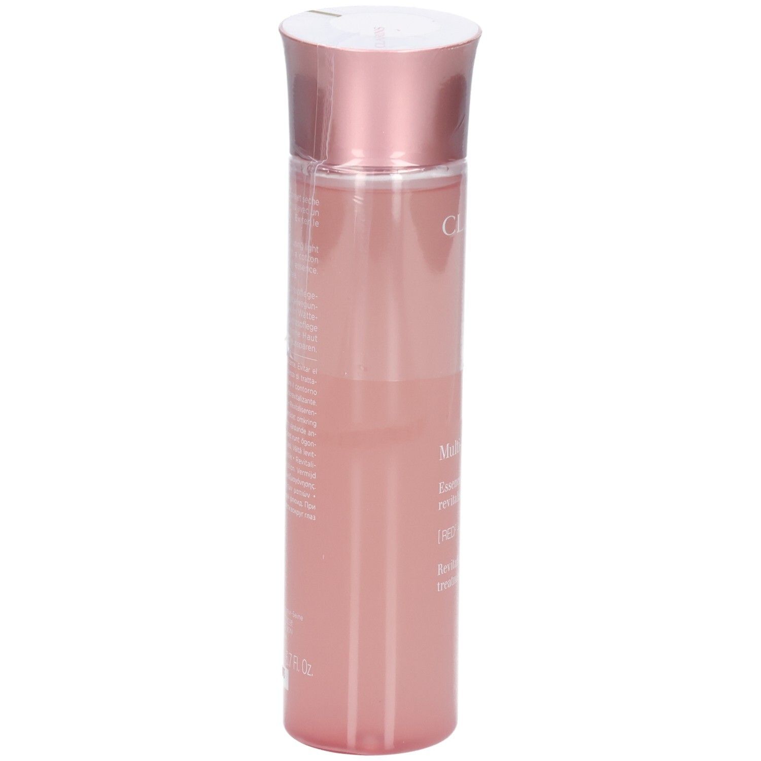 Clarins Multi-Active Essence traitante revitalisante, vue latérale du flacon rose avec capuchon rose doré.