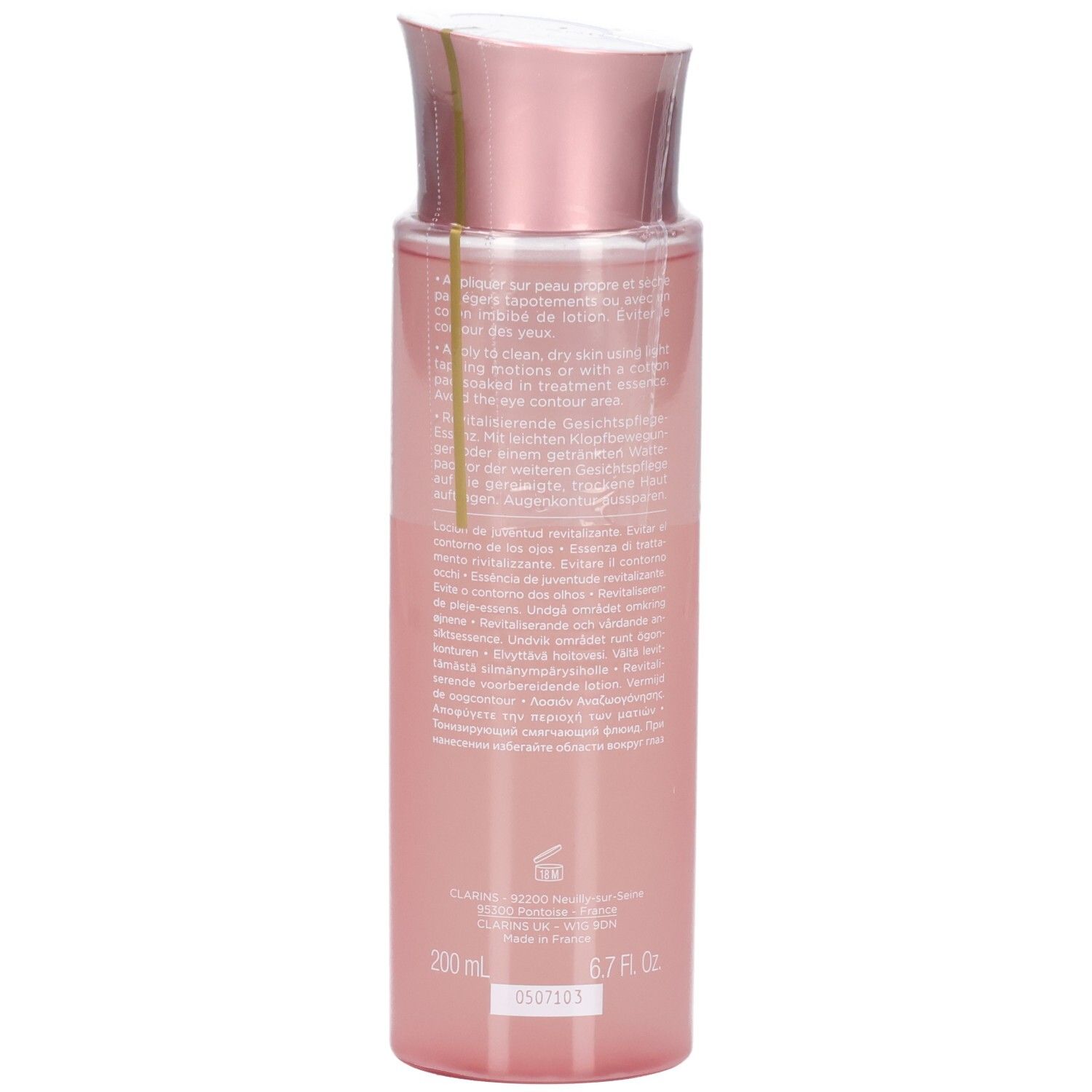 Arrière du flacon Clarins Multi-Active Essence avec informations produit et logo Clarins.