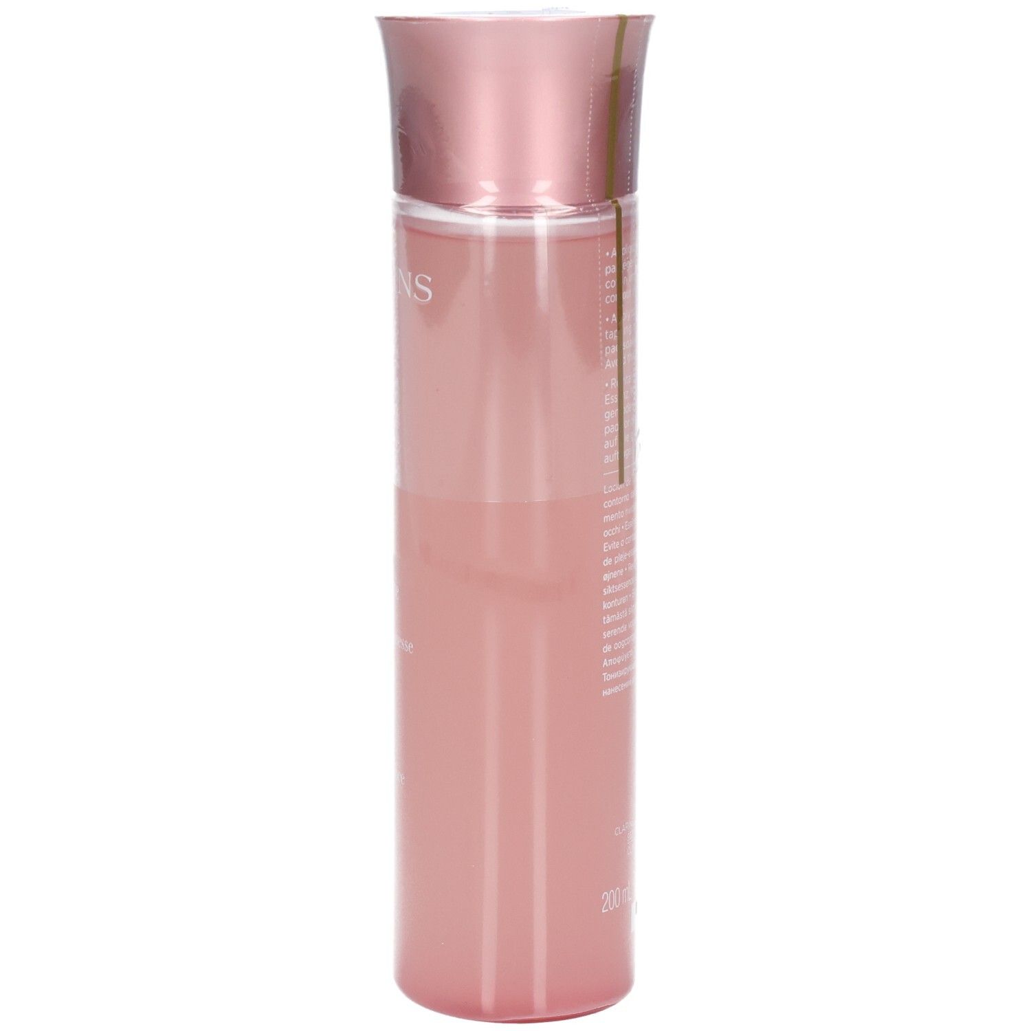 Clarins Multi-Active Essence traitante revitalisante, vue arrière du flacon rose avec capuchon rose doré.