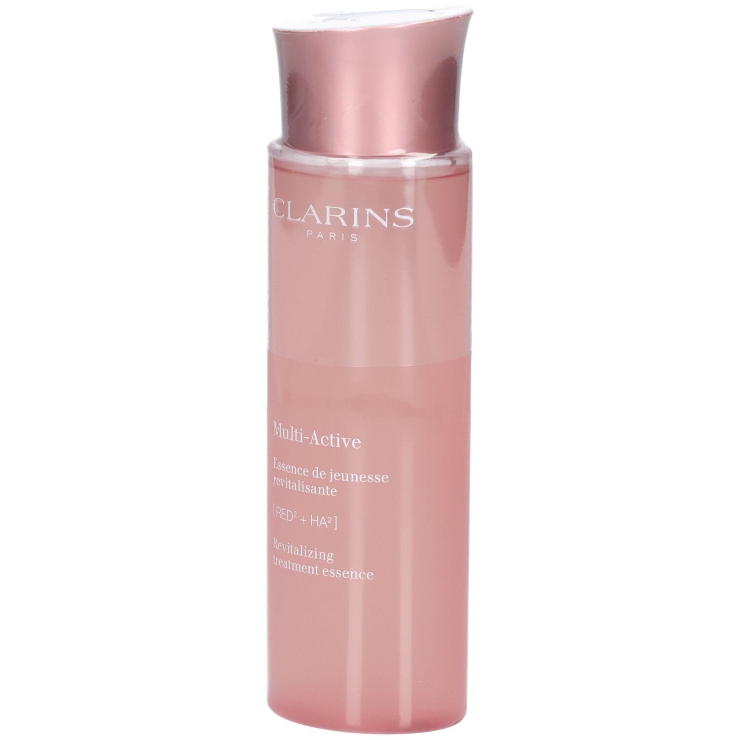 Clarins Multi-Active Essence traitante revitalisante dans un flacon rose avec capuchon rose doré, vue de face.