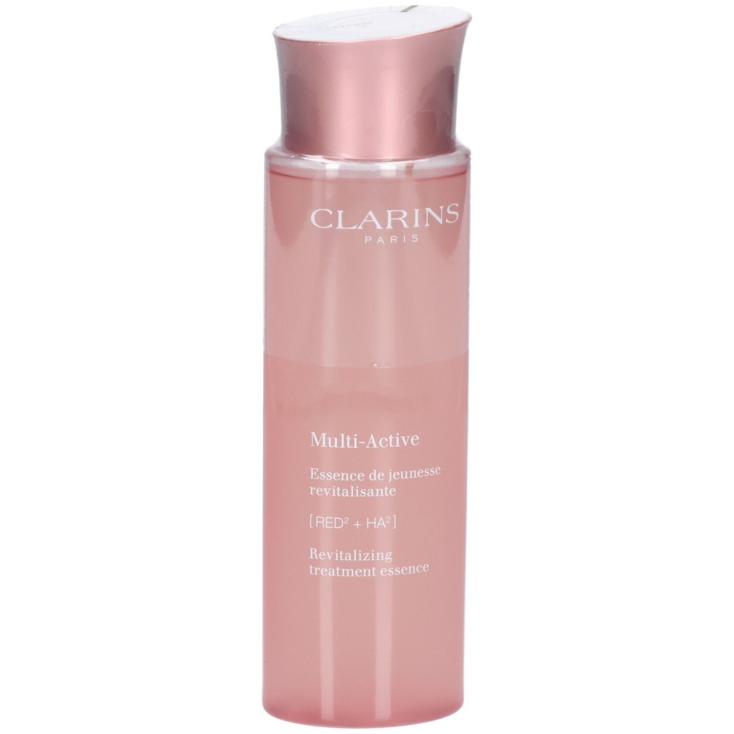 Clarins Multi-Active Essence traitante revitalisante dans un flacon rose avec capuchon rose doré, légère vue latérale.