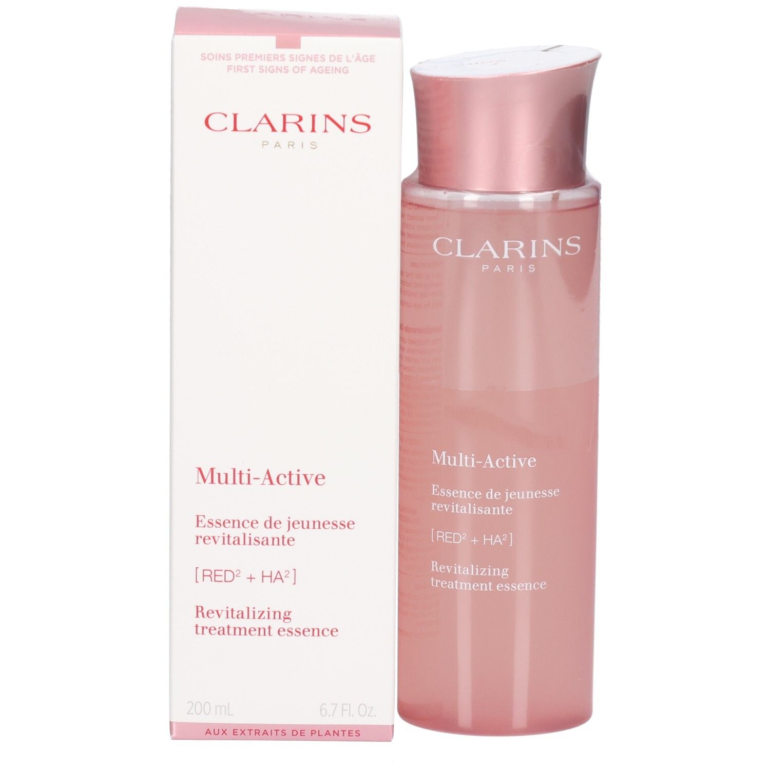Clarins Multi-Active Essence et son emballage, flacon rose à côté d'une boîte blanche avec des accents roses.