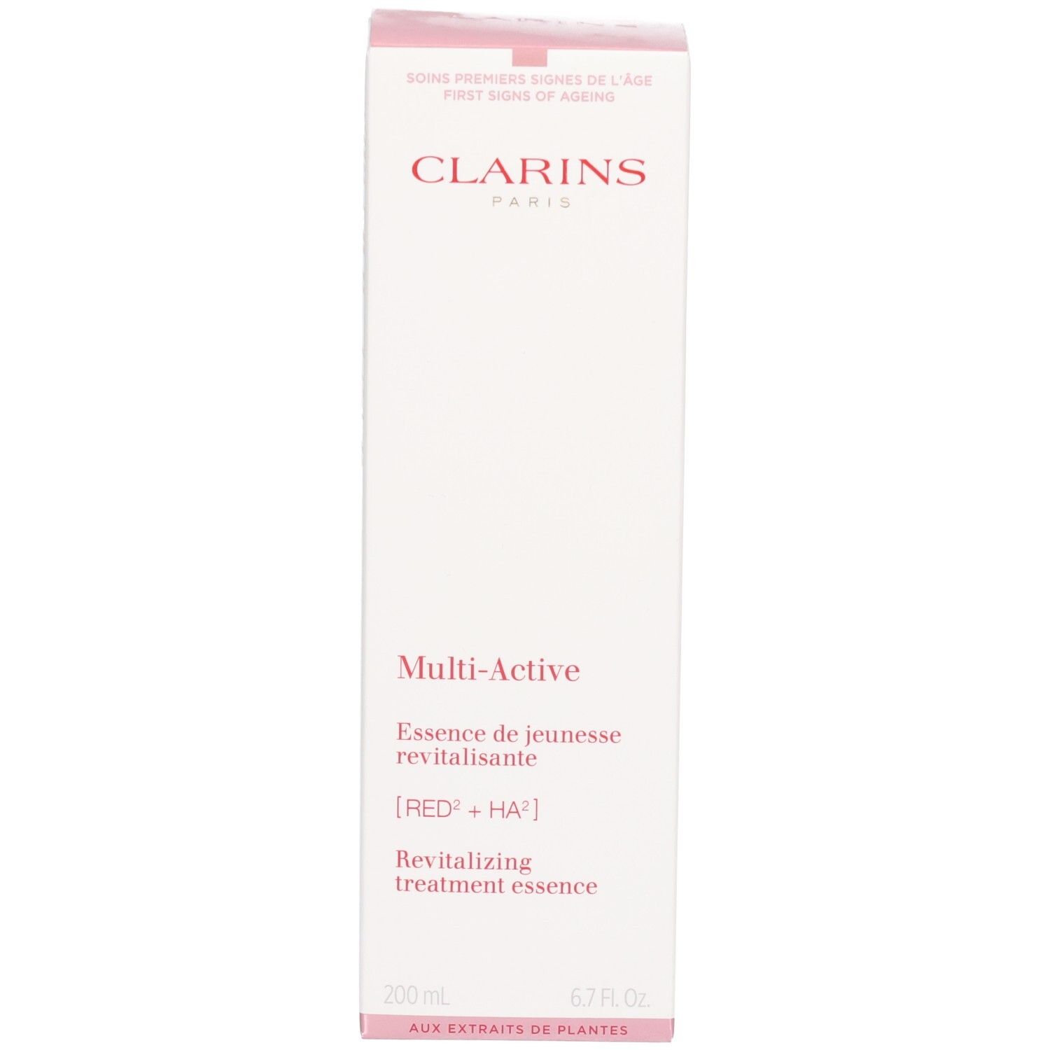 Emballage de la Clarins Multi-Active Essence, boîte blanche avec accents roses et informations produit.