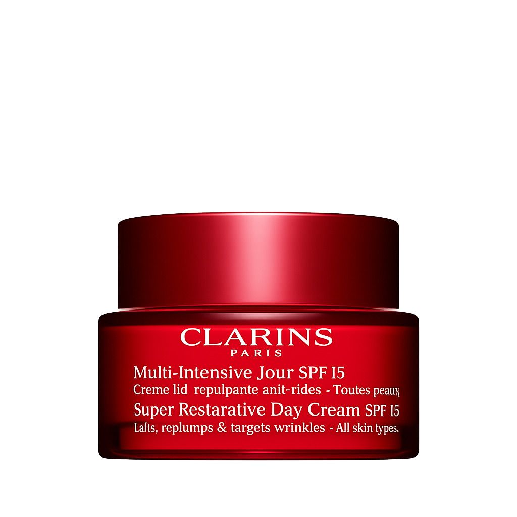Clarins Multi-Intensive Jour SPF 15 crème, pot en verre rouge avec couvercle blanc.