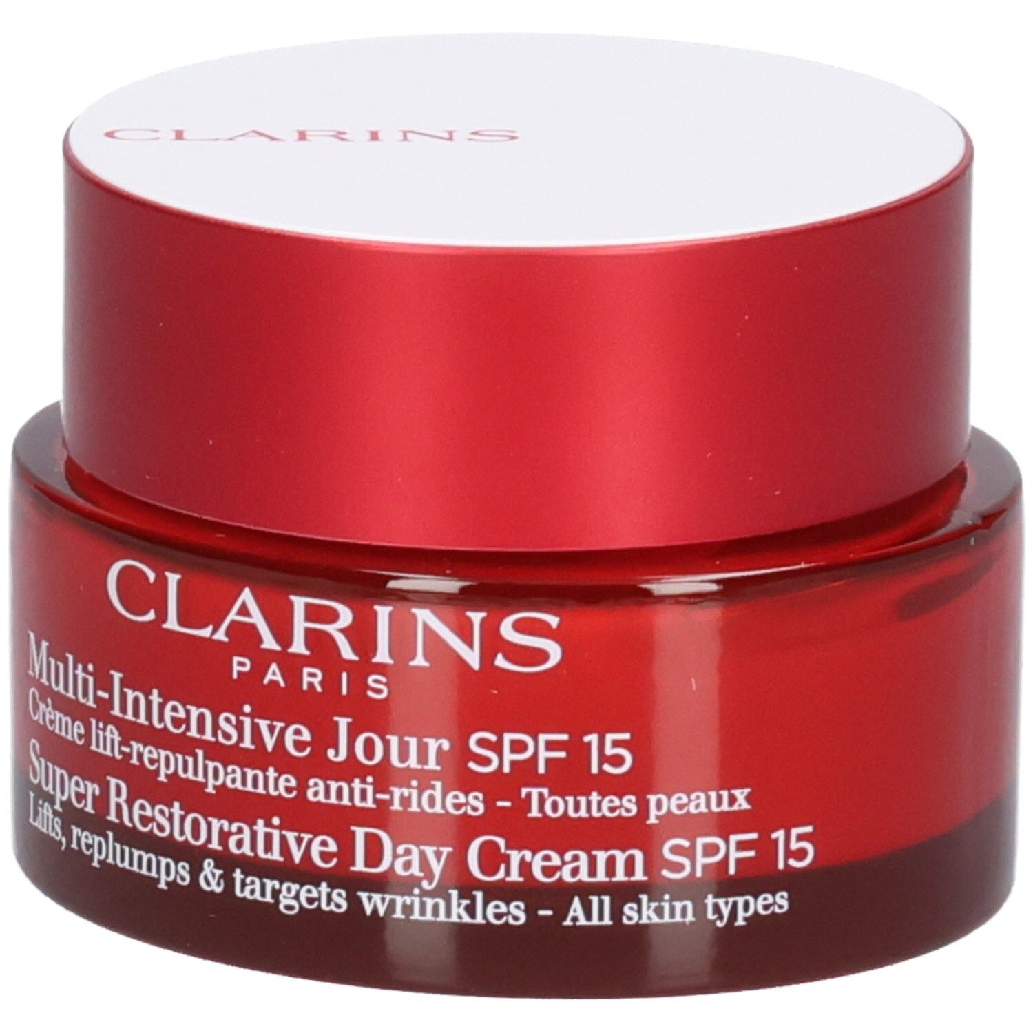 Clarins Multi-Intensive Jour SPF 15 crème dans un pot rouge avec couvercle blanc et étiquette produit.