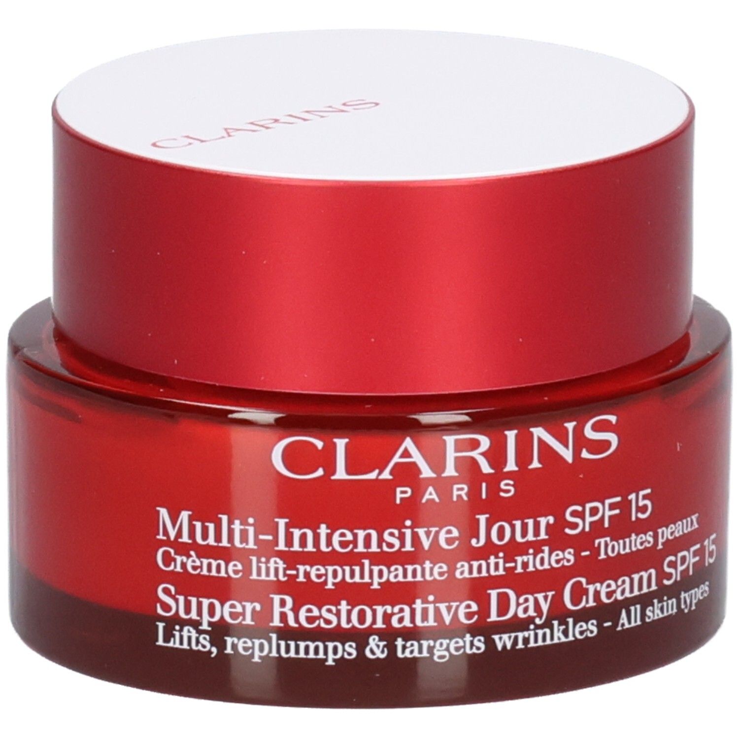 Clarins Multi-Intensive Jour SPF 15 crème dans un pot rouge avec couvercle blanc, gros plan.