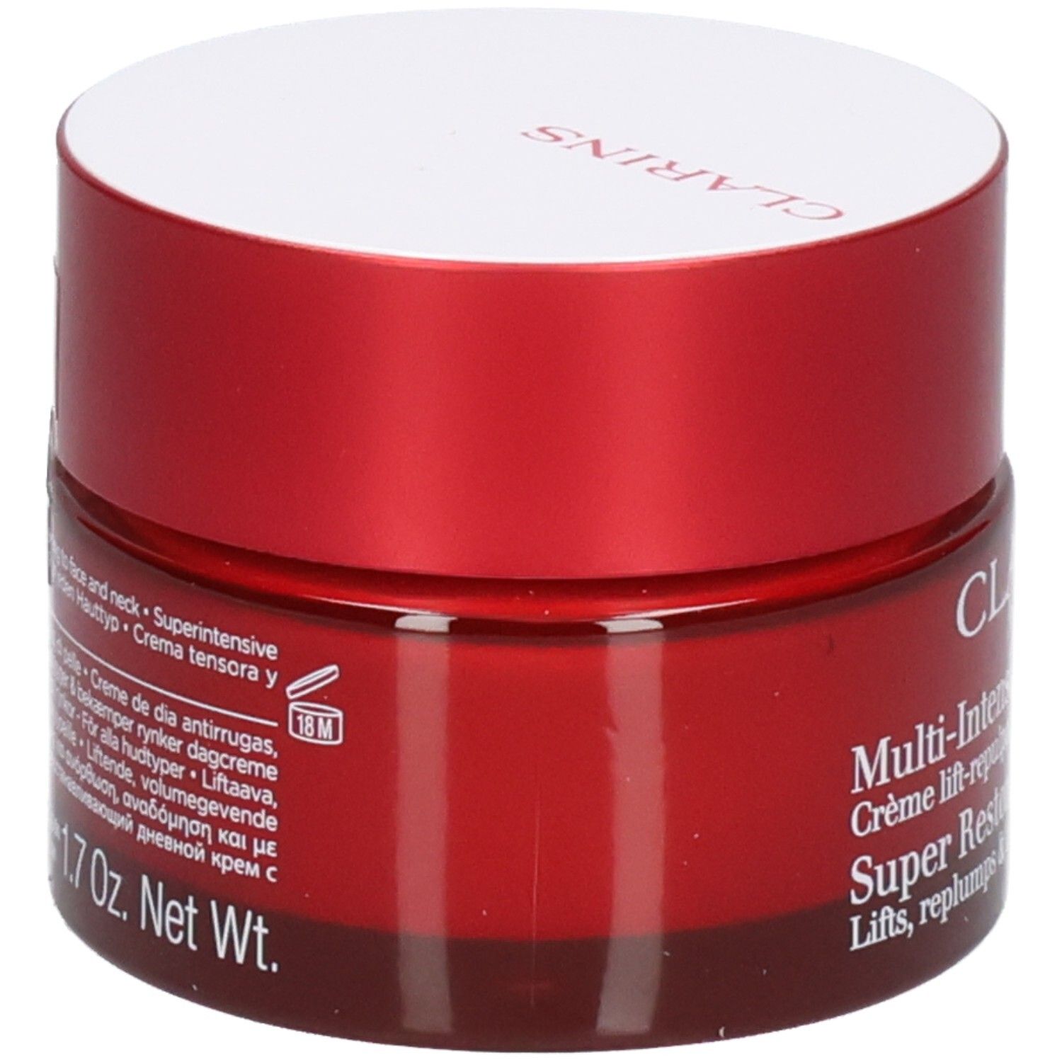 Clarins Super Restorative Day Cream pot, rouge/or, 50 ml, vue latérale.