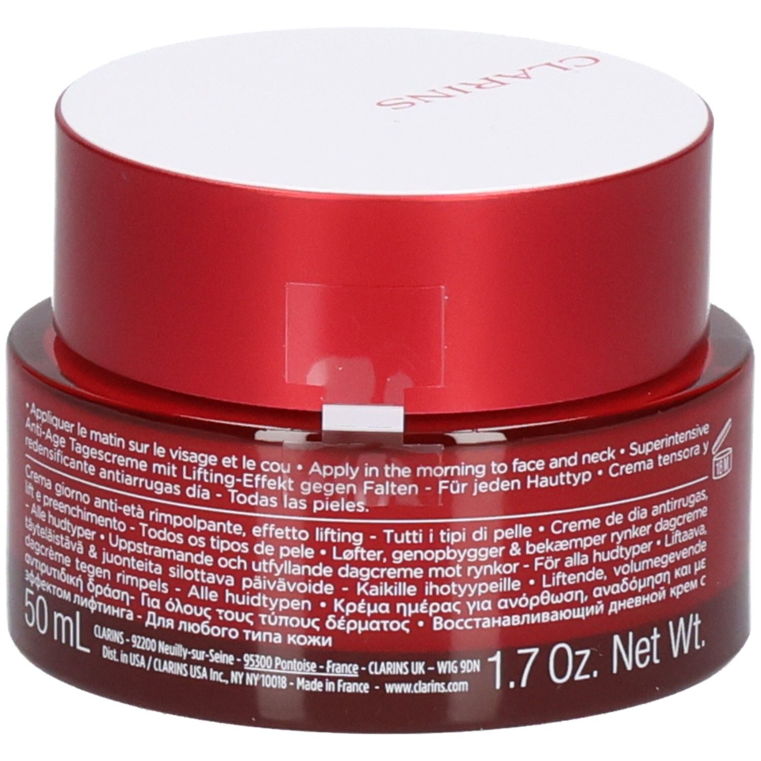 Clarins Super Restorative Day Cream pot et emballage, rouge/blanc, 50 ml.