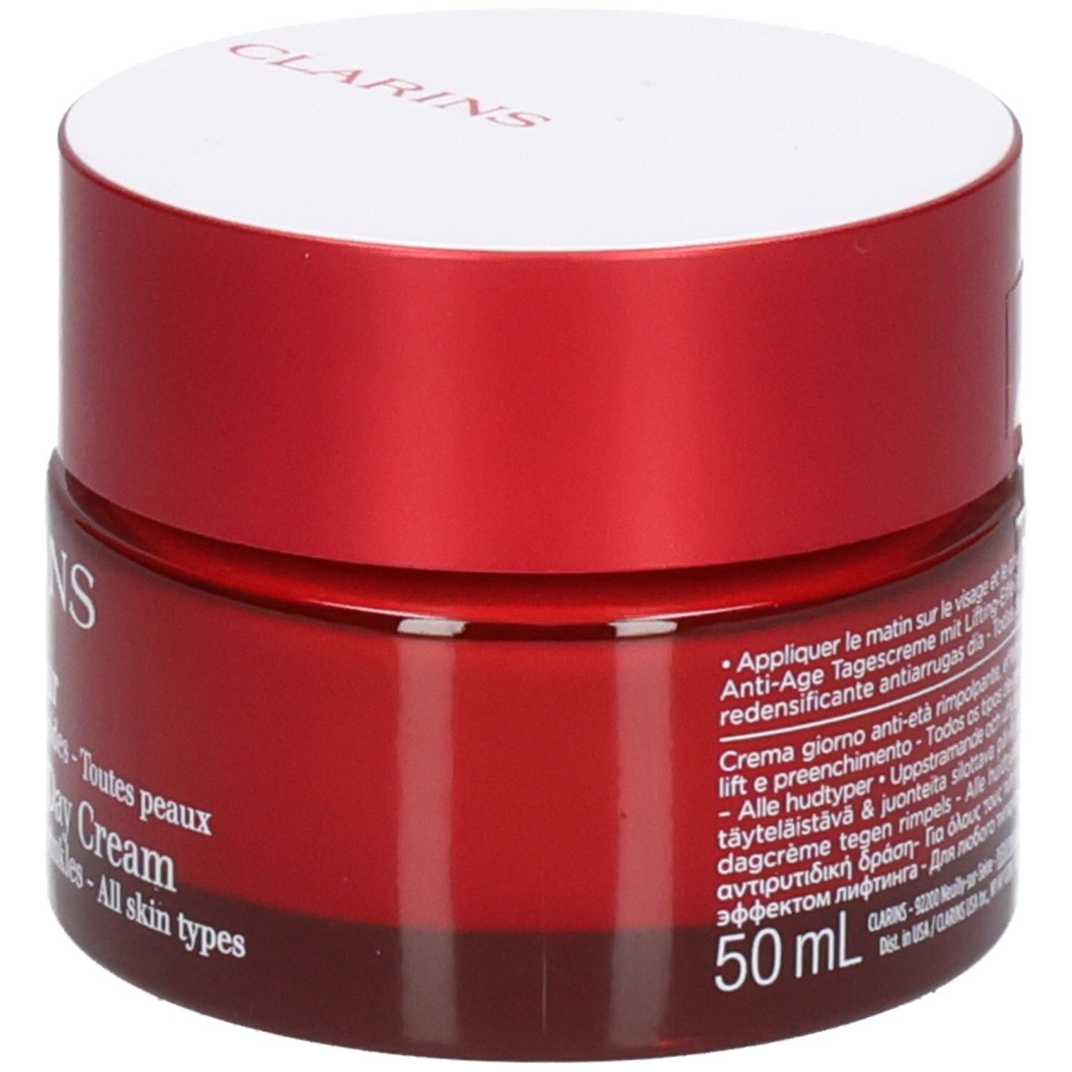 Clarins Super Restorative Day Cream emballage, rouge/blanc, 50 ml.
