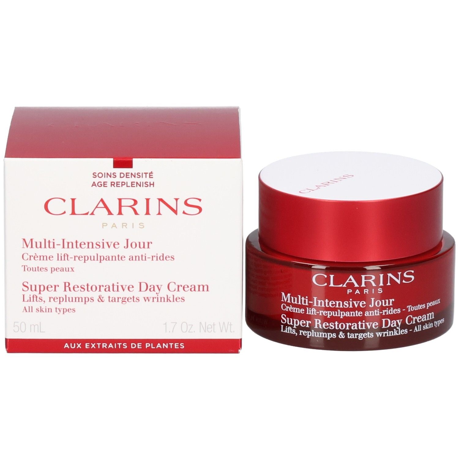 Clarins Super Restorative Day Cream pot et emballage, rouge/blanc, 50 ml.