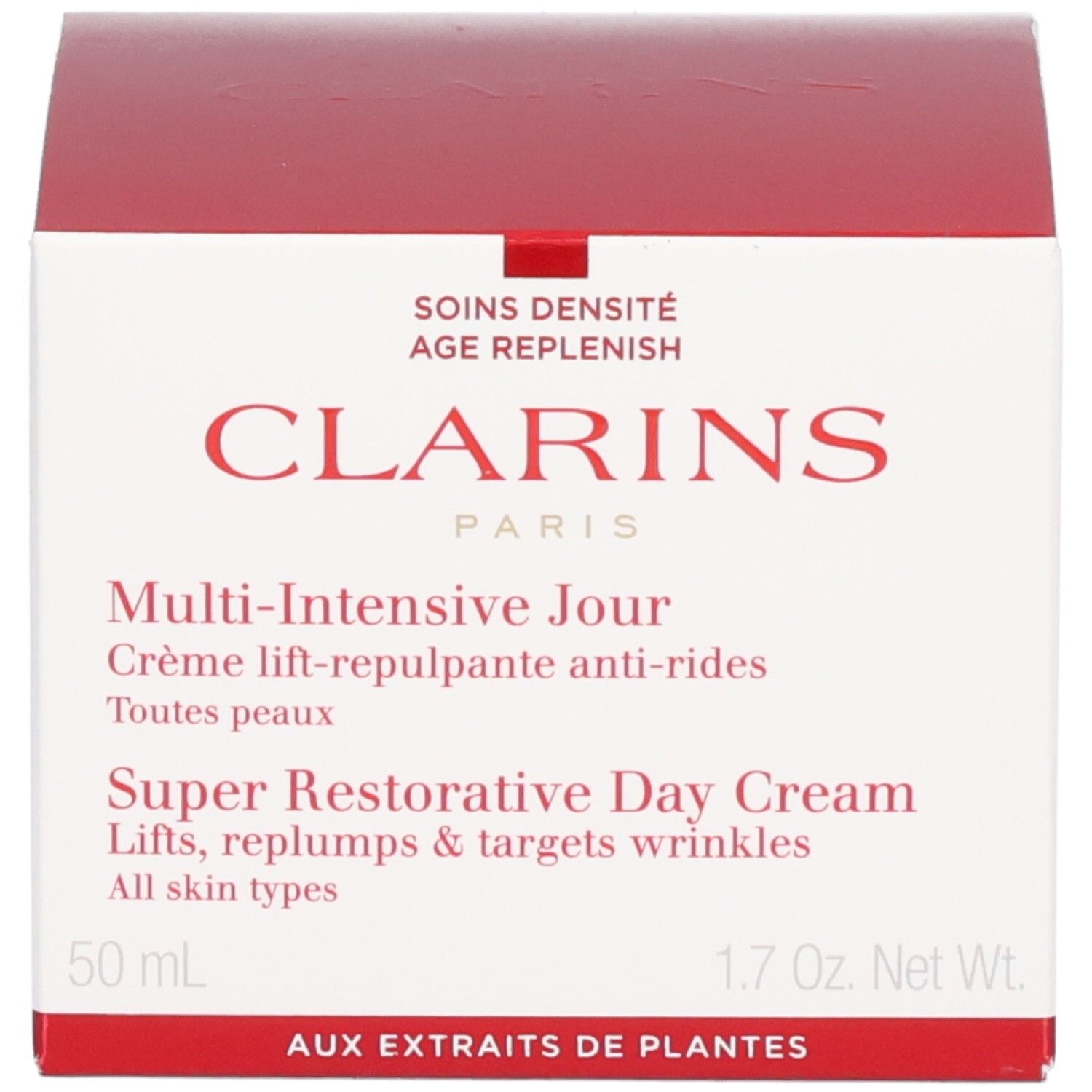 Clarins Super Restorative Day Cream emballage, rouge/blanc, 50 ml.