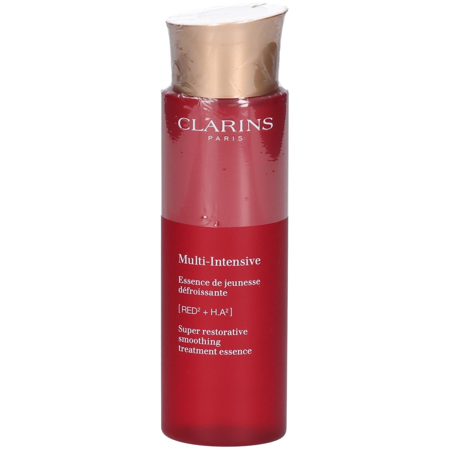 Flacon Clarins Multi-Intensive Essence, corps rouge et bouchon doré.