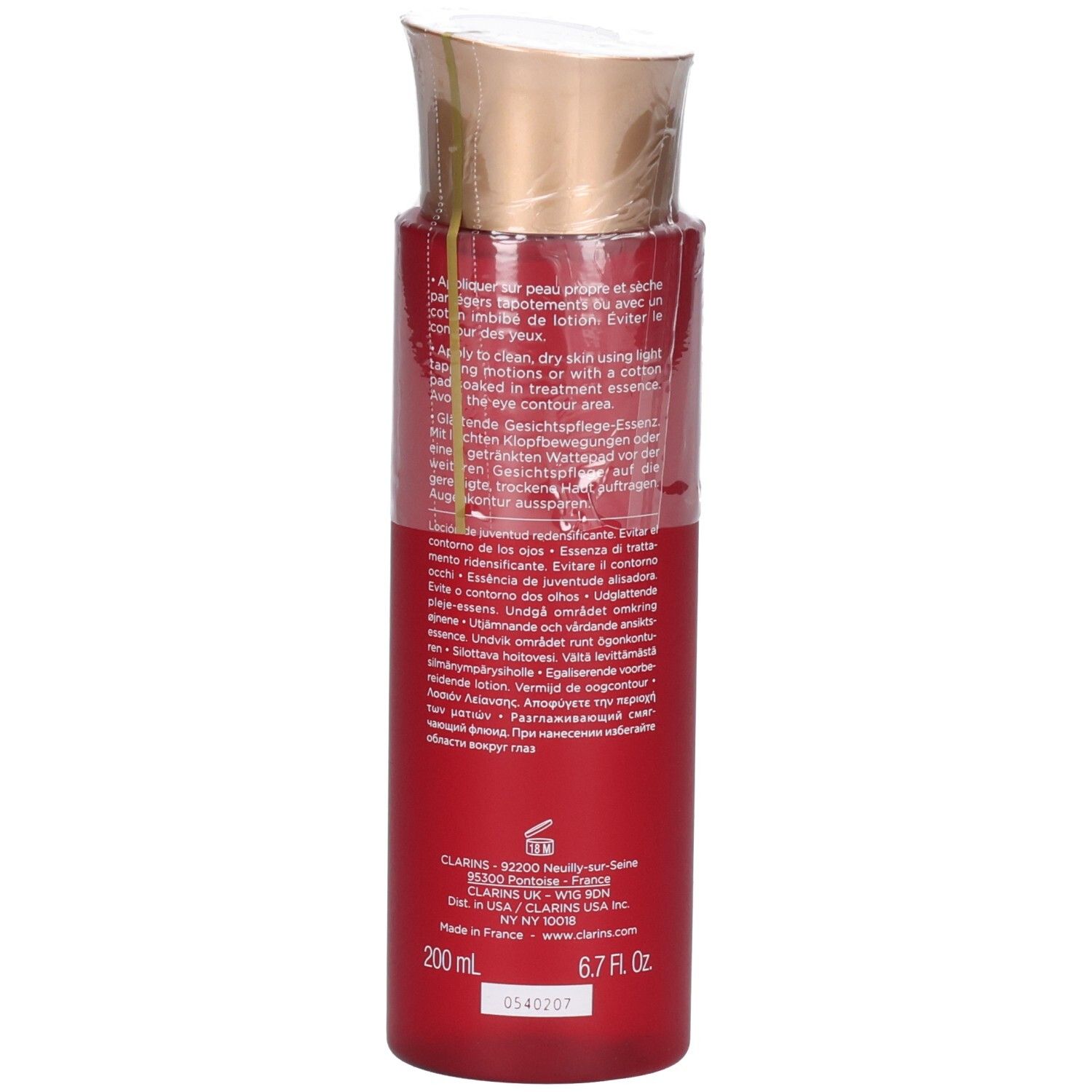 Flacon Clarins Multi-Intensive Essence, dos avec instructions détaillées.