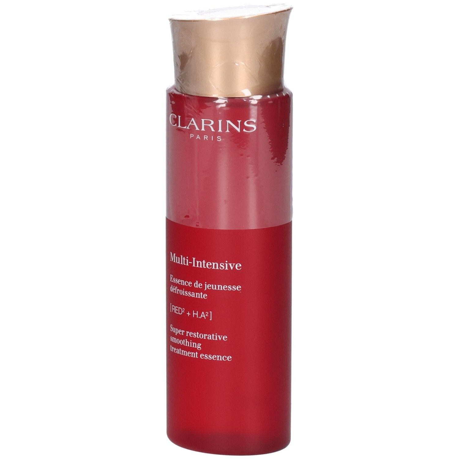 Flacon Clarins Multi-Intensive Essence, corps rouge et bouchon doré.