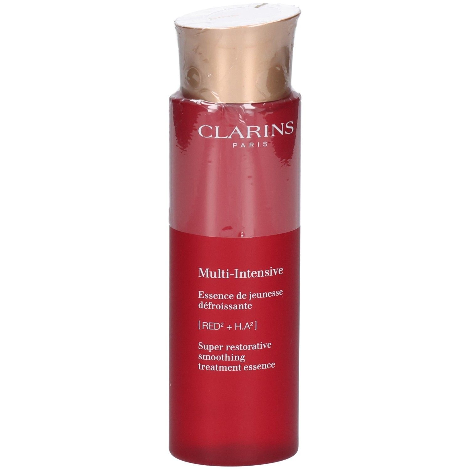 Flacon Clarins Multi-Intensive Essence, corps rouge et bouchon doré.