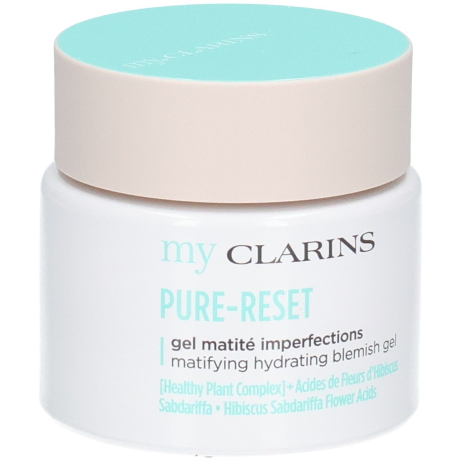 Gel matité imperfections Pure-Reset My Clarins. Pot blanc avec couvercle beige clair et turquoise.
