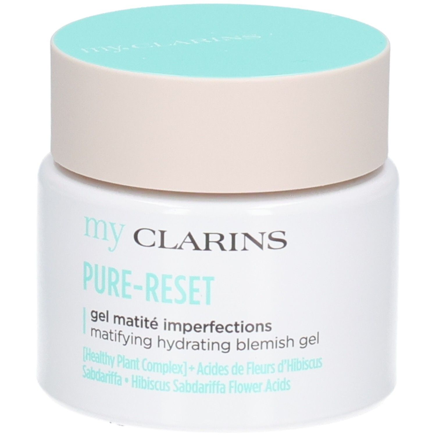 Gel matité imperfections Pure-Reset My Clarins. Pot blanc avec couvercle beige clair et turquoise.
