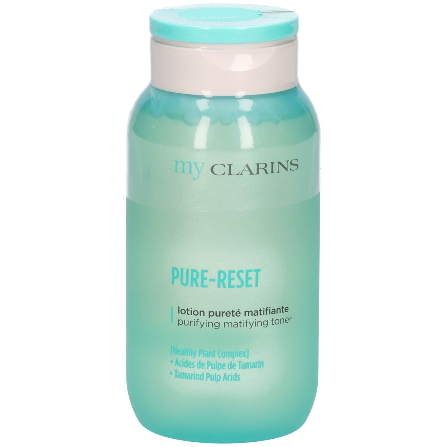 Lotion matifiante Pure-Reset My Clarins dans un flacon vert translucide avec un bouchon à rabat bleu clair.