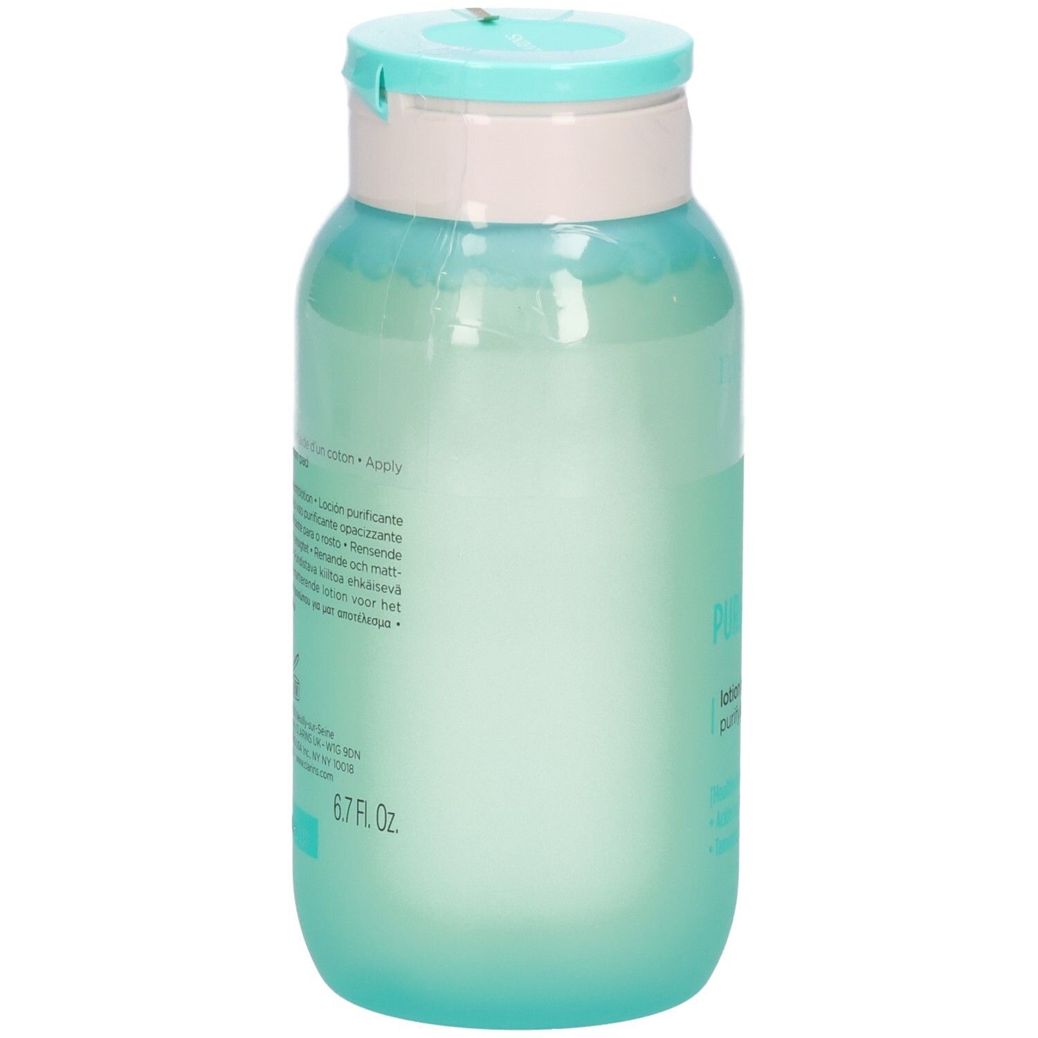 Arrière du flacon de lotion matifiante Pure-Reset My Clarins avec informations produit et mention 200 ml.