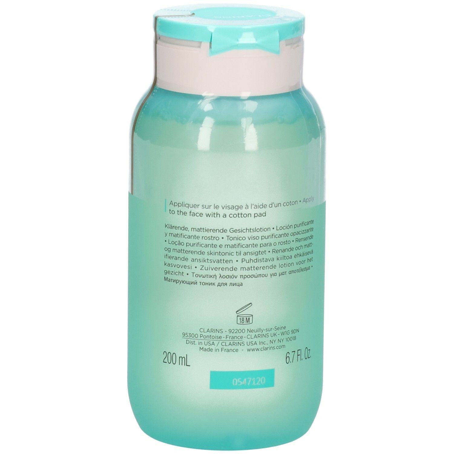 Arrière du flacon de lotion matifiante Pure-Reset My Clarins avec instructions d'application et mention 200 ml.