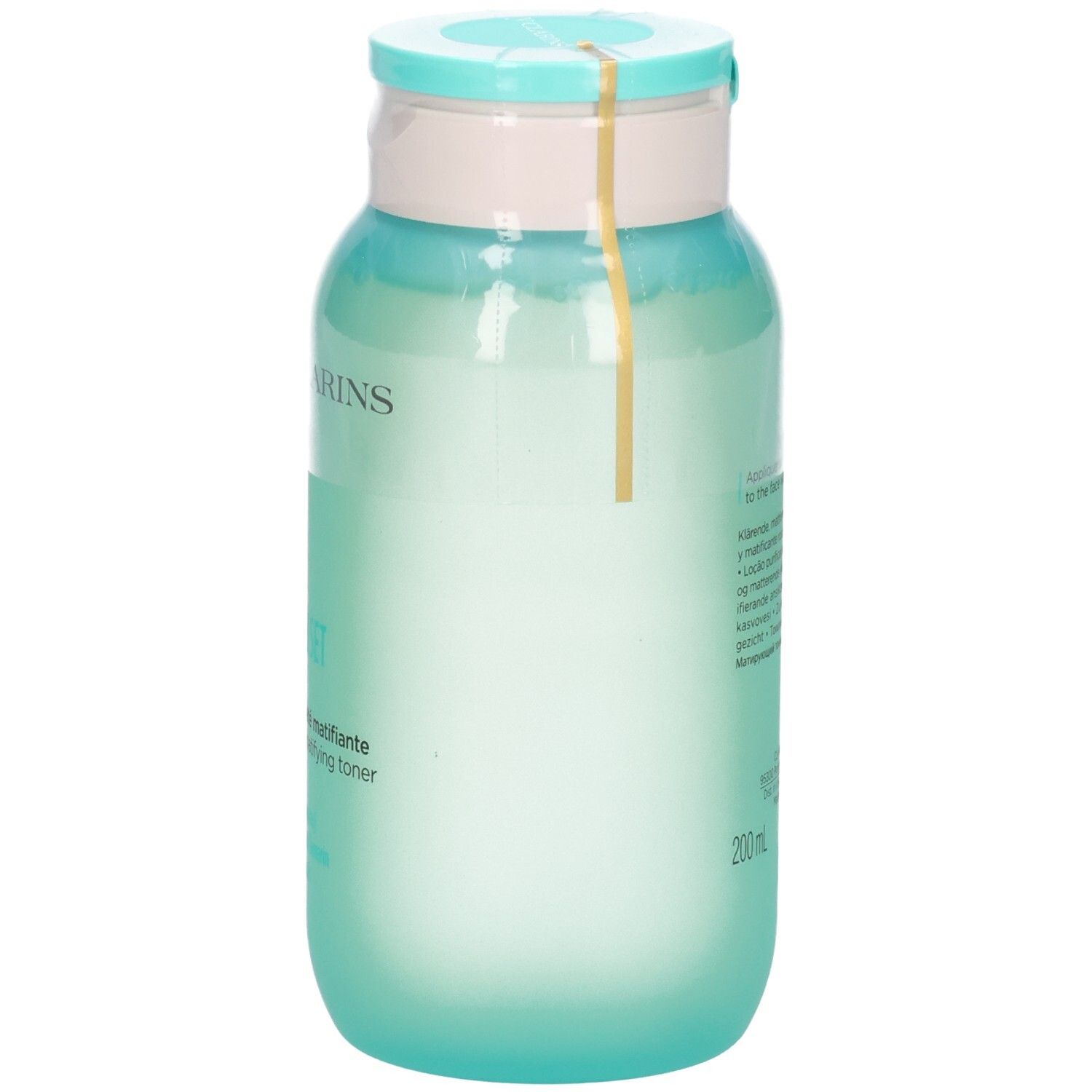 Flacon de lotion matifiante Pure-Reset My Clarins avec bouchon à rabat bleu clair et sceau jaune.