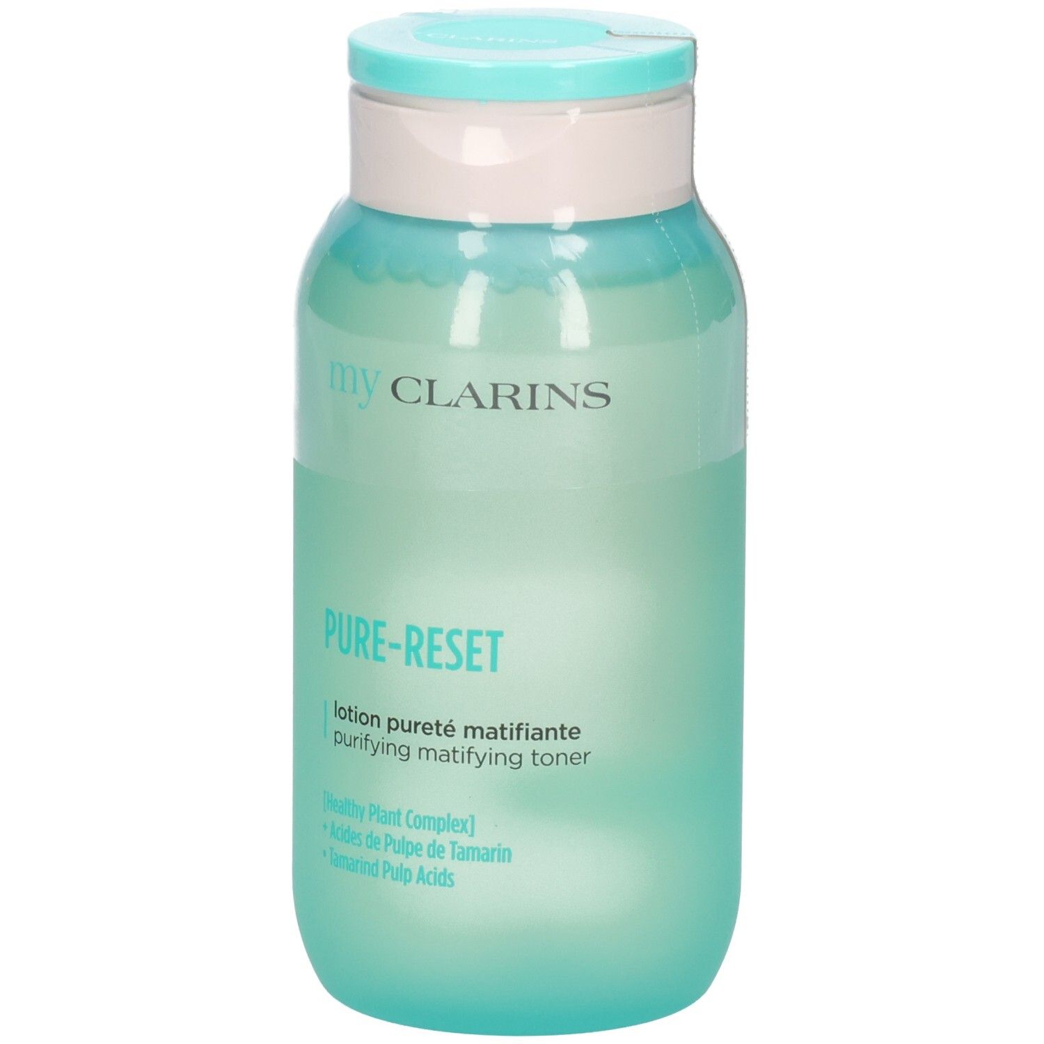 Lotion matifiante Pure-Reset My Clarins dans un flacon vert translucide avec un bouchon à rabat bleu clair.