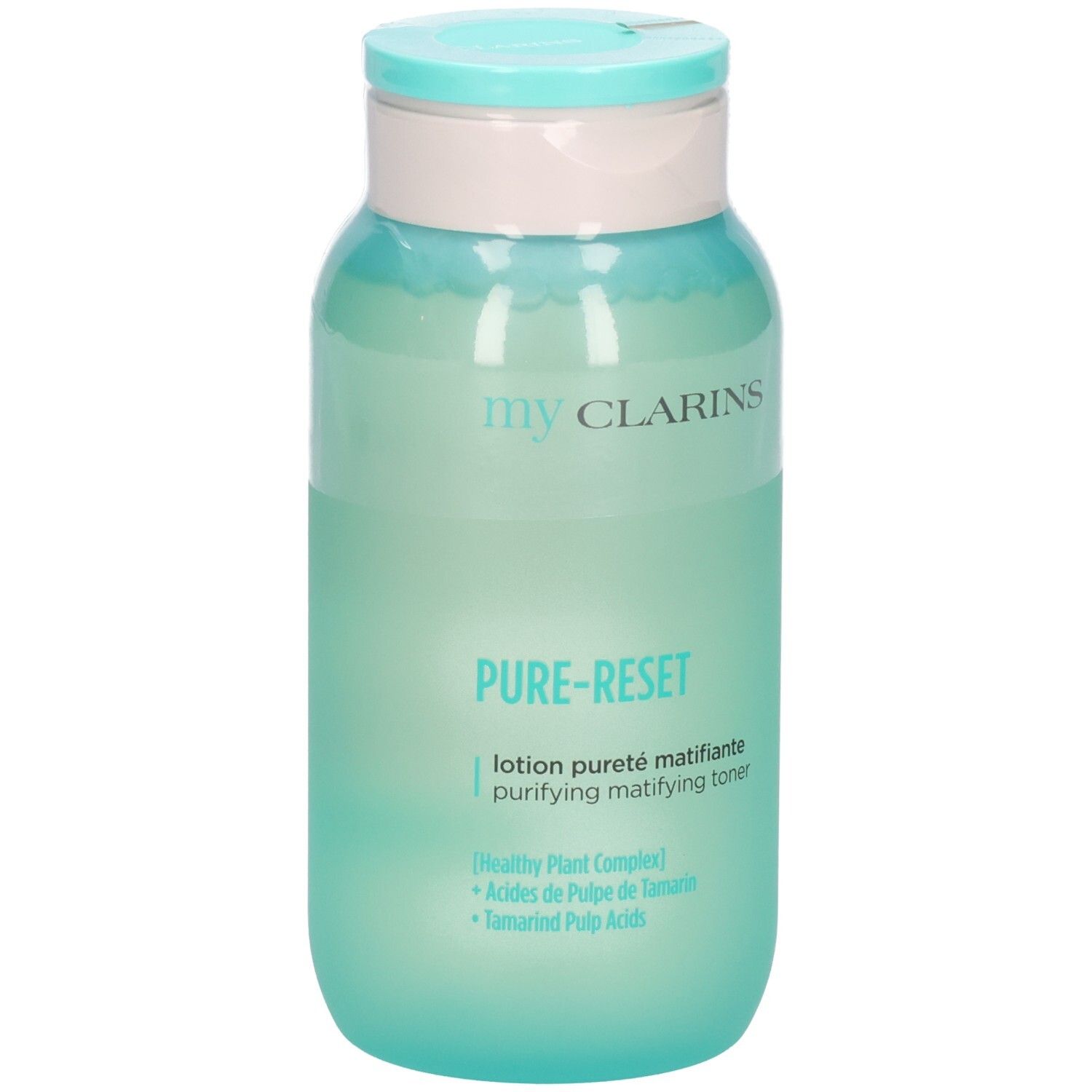 Lotion matifiante Pure-Reset My Clarins dans un flacon vert translucide avec un bouchon à rabat bleu clair.