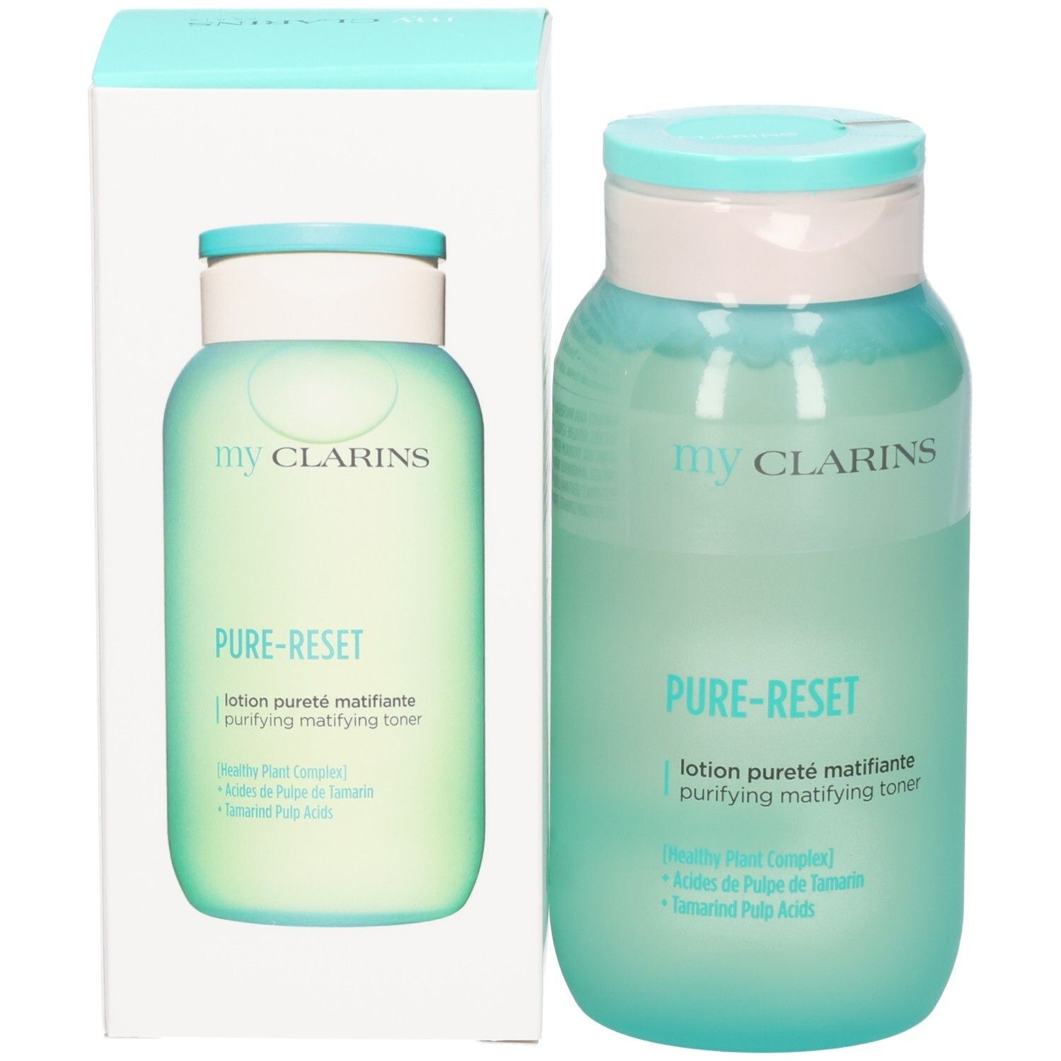 Lotion matifiante Pure-Reset My Clarins et son emballage, tous deux avec des flacons vert translucide.
