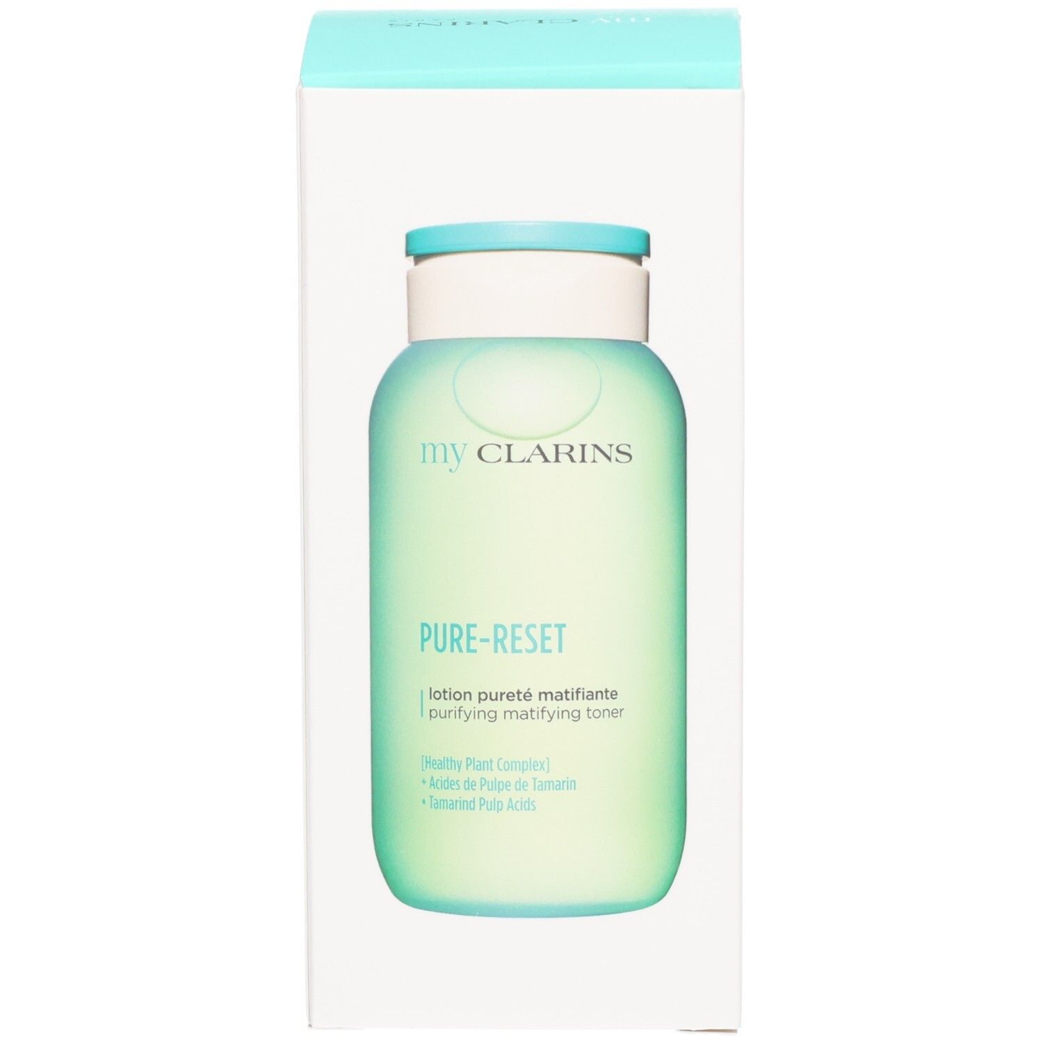 Emballage de la lotion matifiante Pure-Reset My Clarins avec une image du flacon vert translucide.
