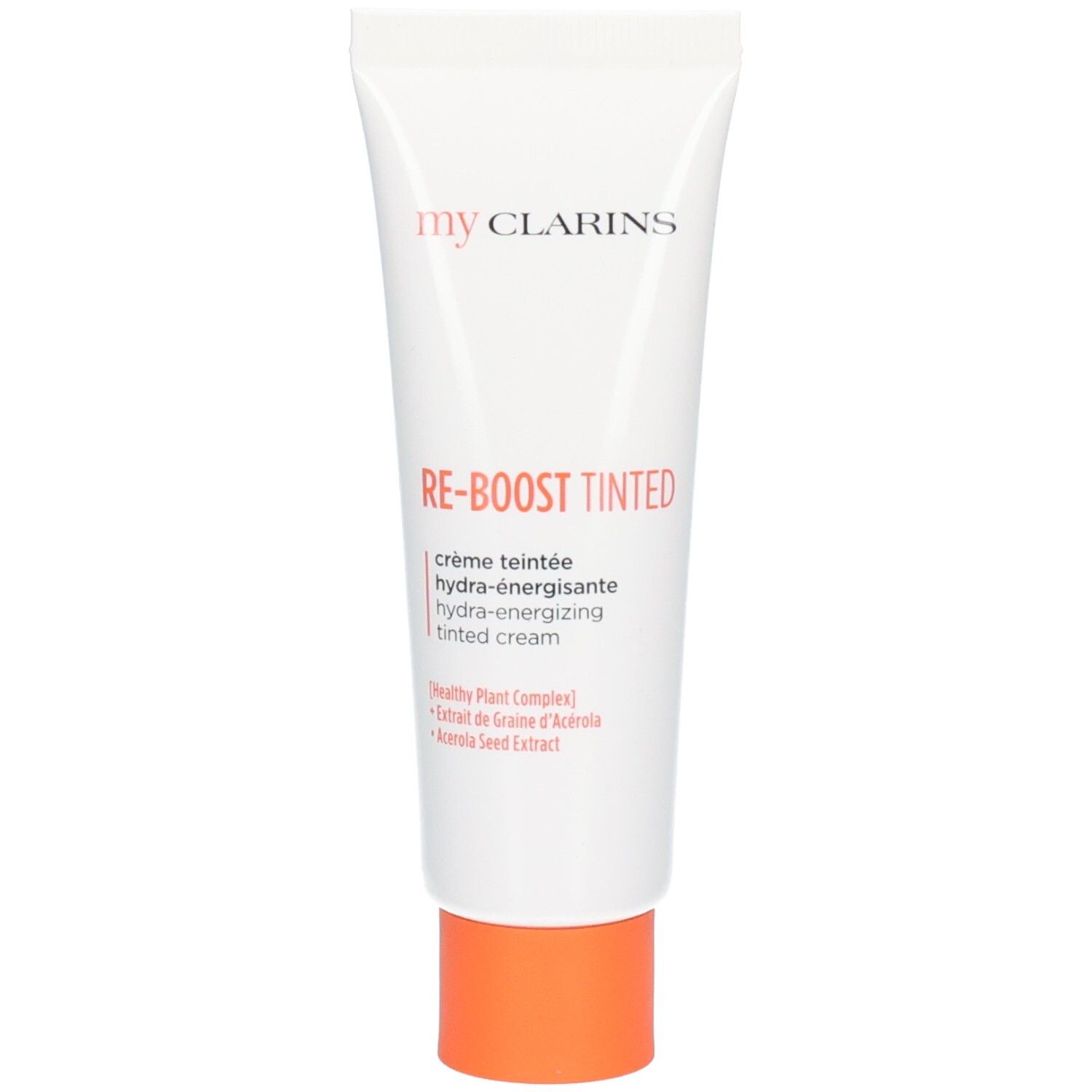 Tube blanc à bouchon orange, inscription "my CLARINS RE-BOOST TINTED".