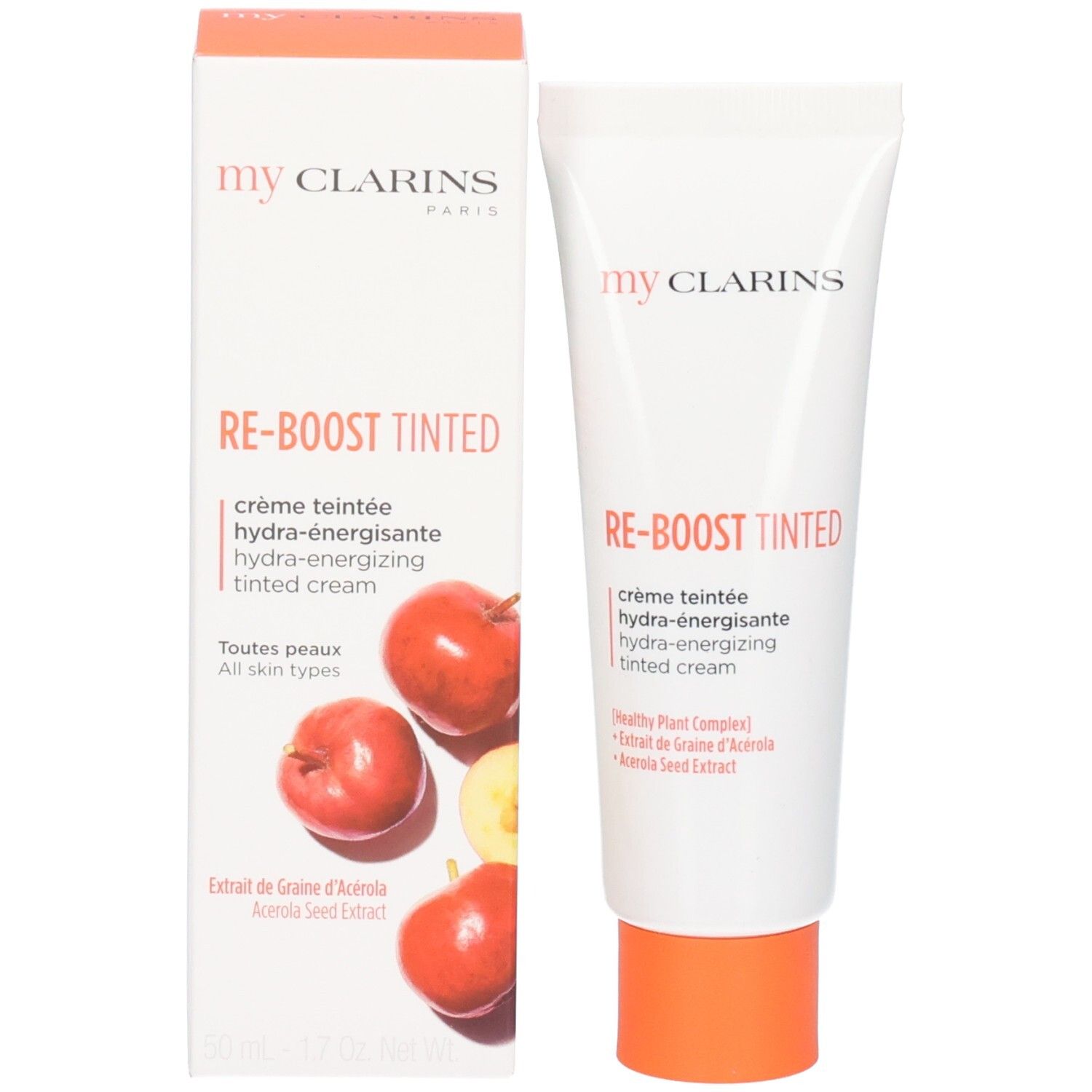 Tube et boîte en carton avec des oranges et inscription "my CLARINS RE-BOOST TINTED".