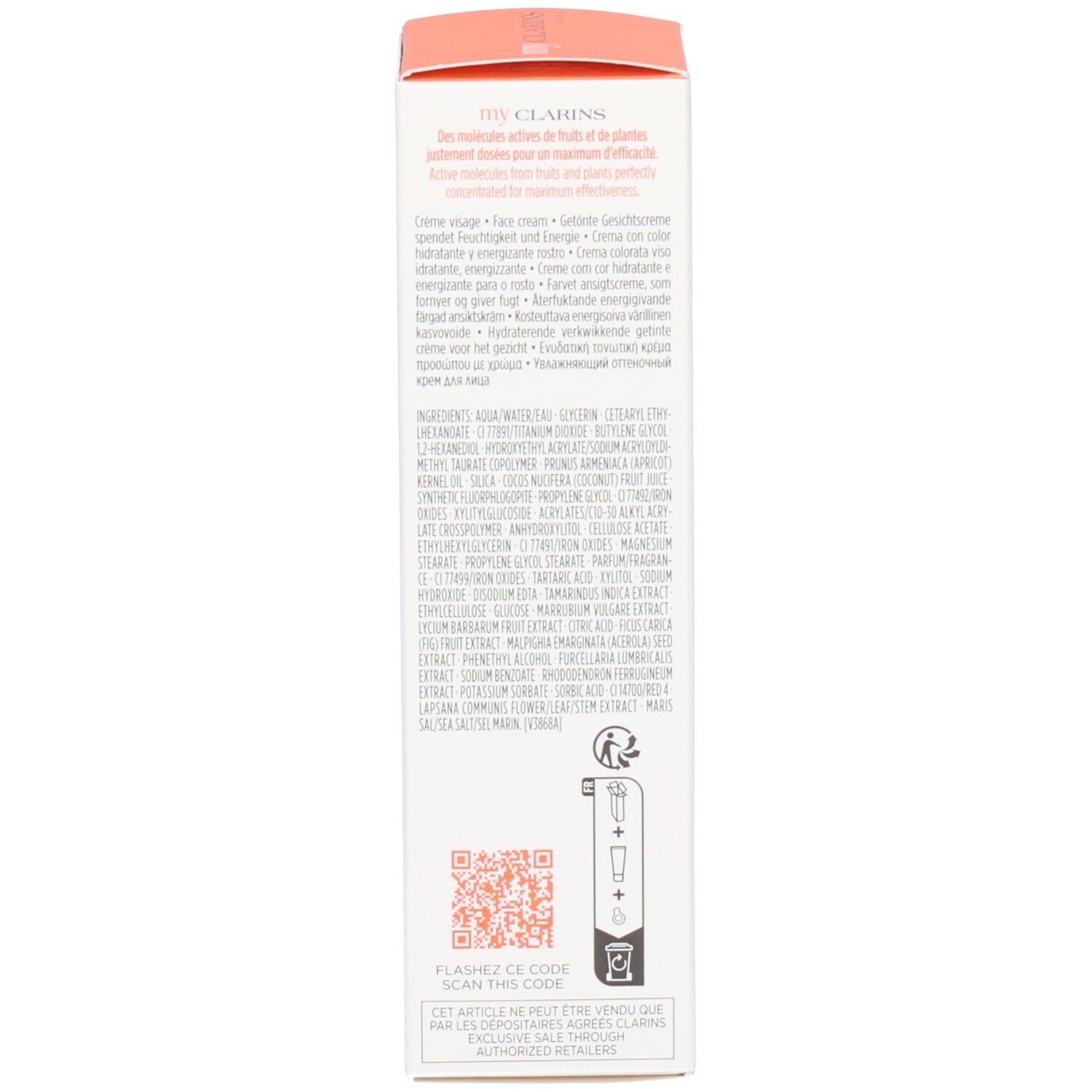 Côté d'une boîte en carton avec informations détaillées sur le produit et code QR.