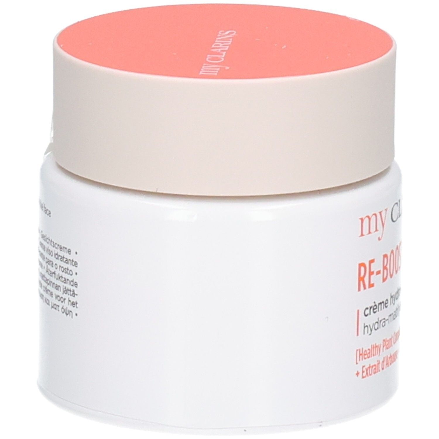 Vue latérale du pot blanc avec couvercle pêche. Crème Clarins RE-BOOST MATTE.