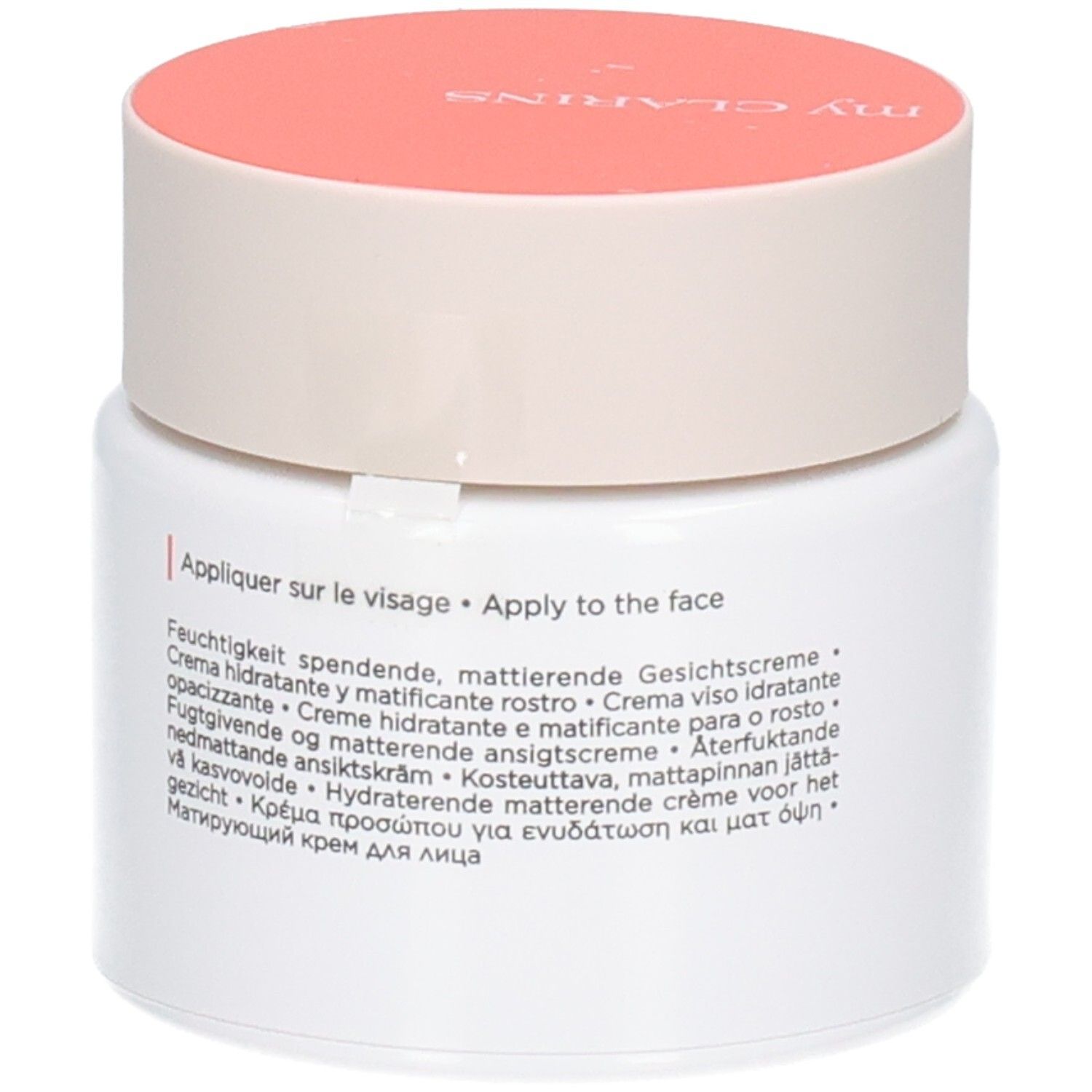 Arrière du pot blanc avec couvercle pêche. Crème Clarins RE-BOOST MATTE.
