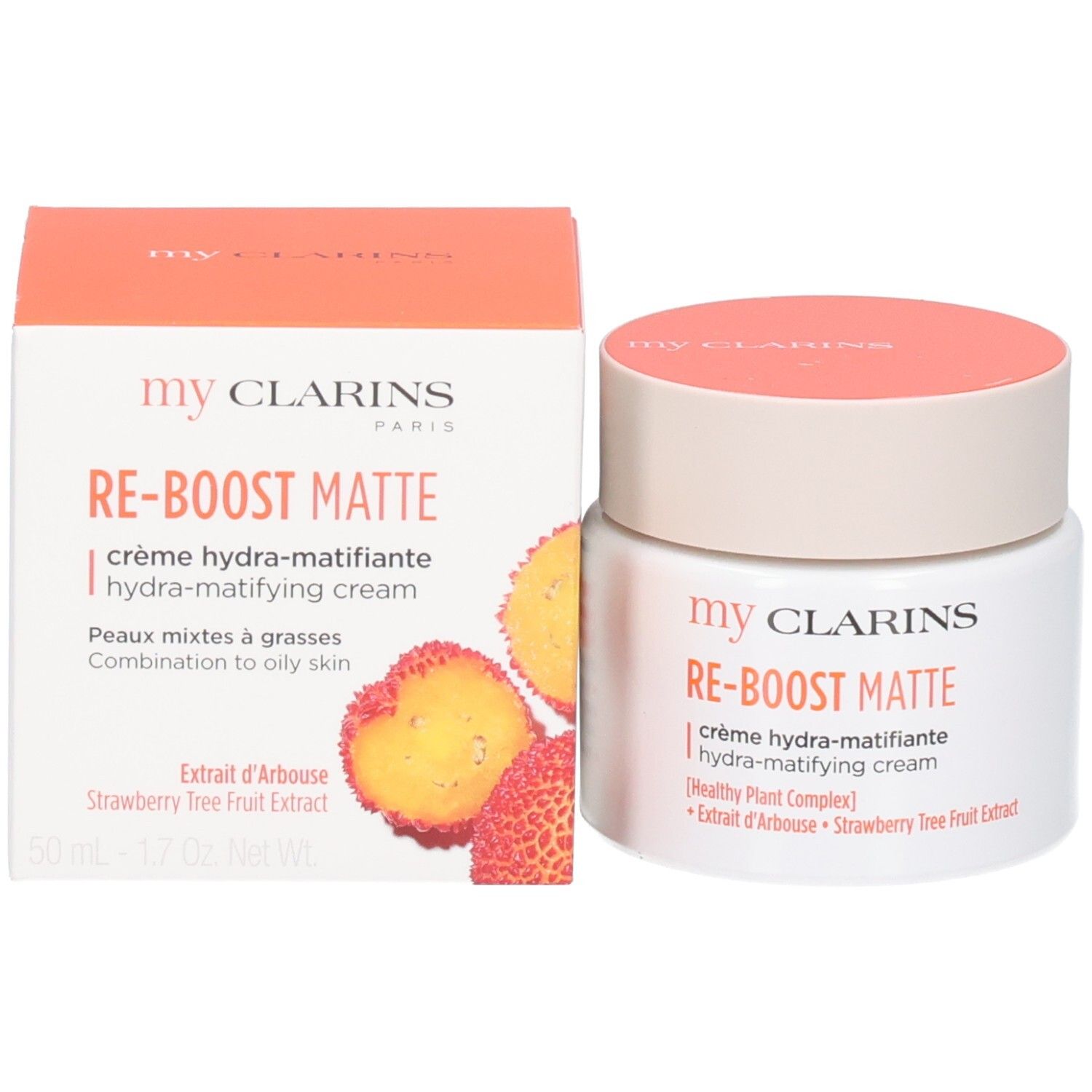 Pot et emballage Clarins RE-BOOST MATTE crème avec fruits.