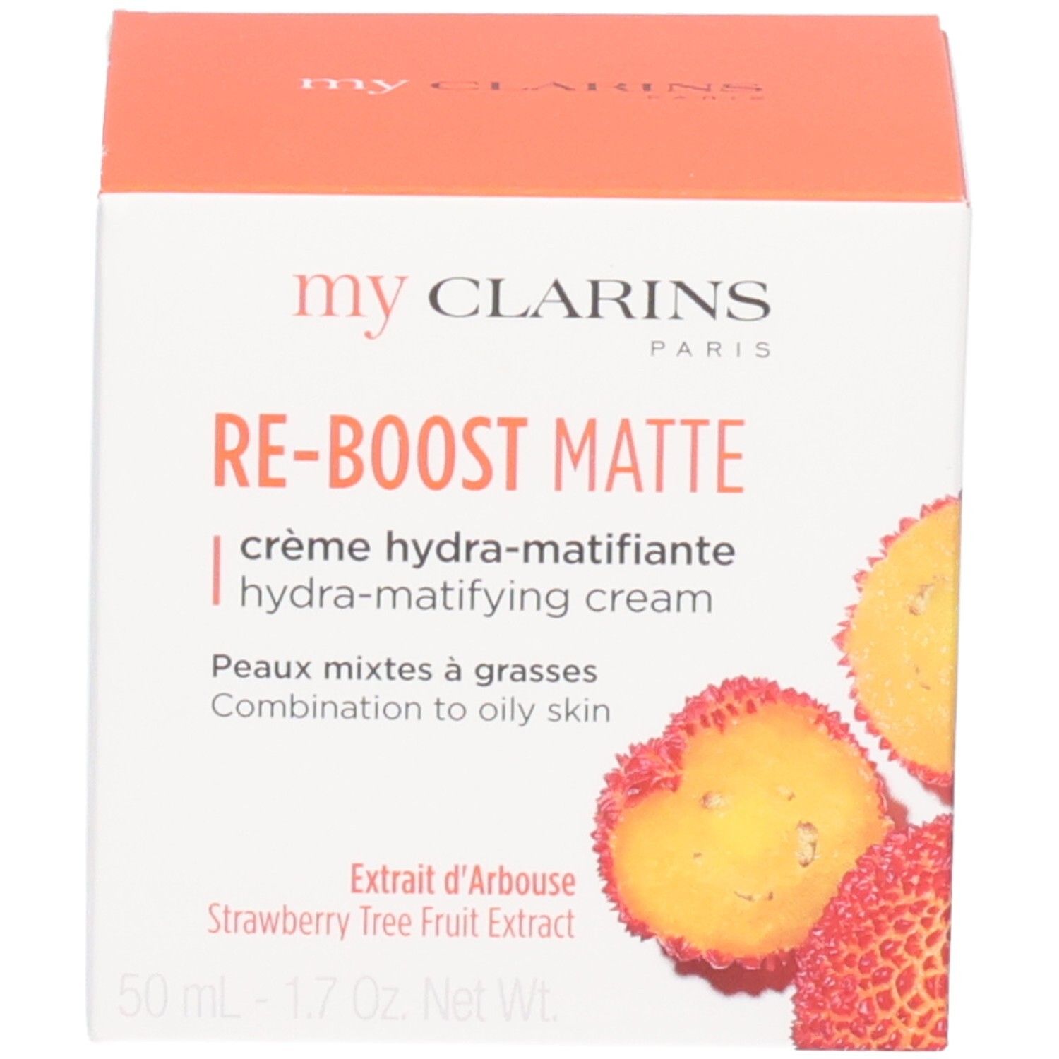 Emballage Clarins RE-BOOST MATTE crème avec fruits.