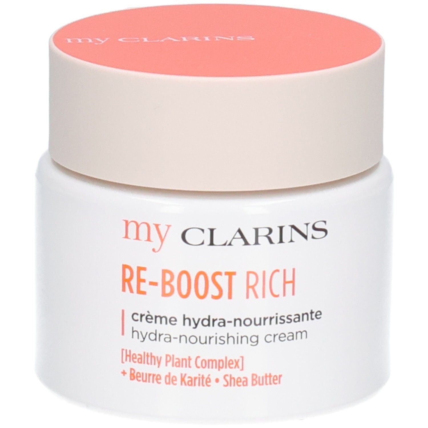 Crème Clarins Re-Boost Rich: Pot blanc avec couvercle orange. Contient du beurre de karité.