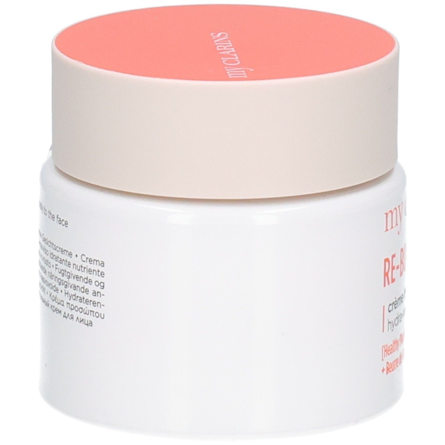 Crème Clarins Re-Boost Rich: Vue latérale d'un pot blanc avec couvercle orange.