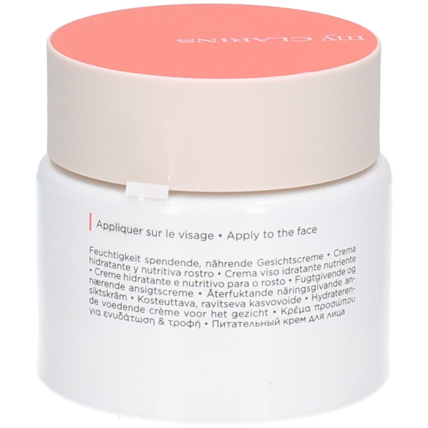 Crème Clarins Re-Boost Rich: Arrière du pot avec instructions d'application multilingues.