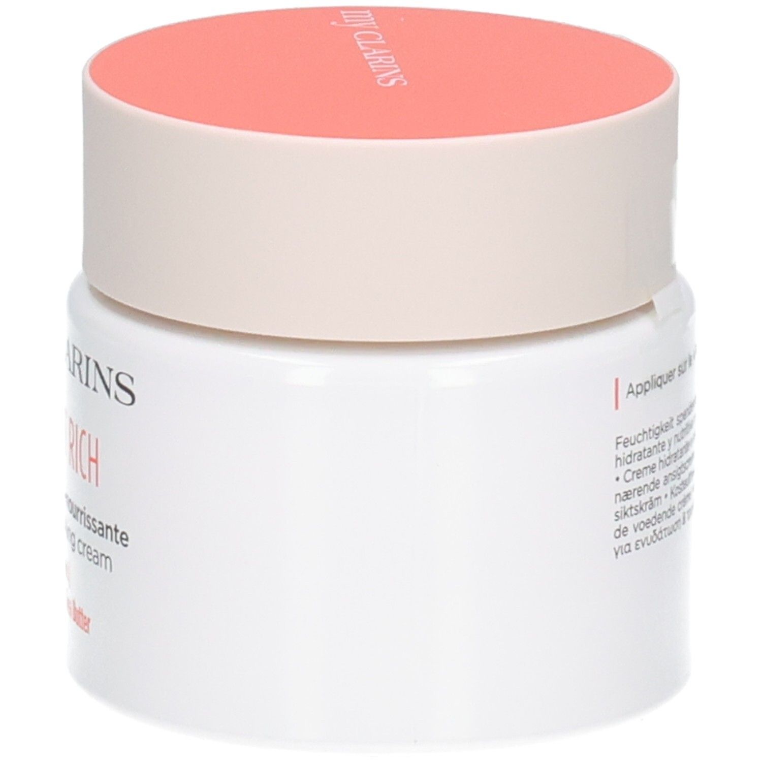 Crème Clarins Re-Boost Rich: Vue latérale du pot avec couvercle orange.