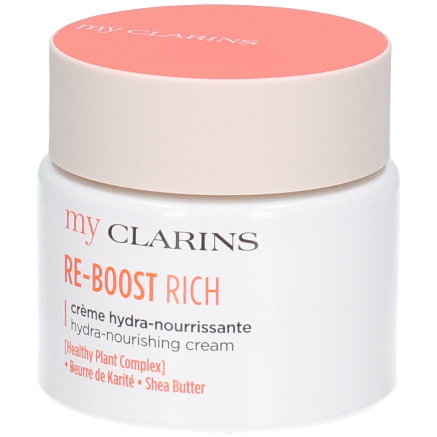 Crème Clarins Re-Boost Rich: Pot blanc avec couvercle orange, texte sur l'étiquette.