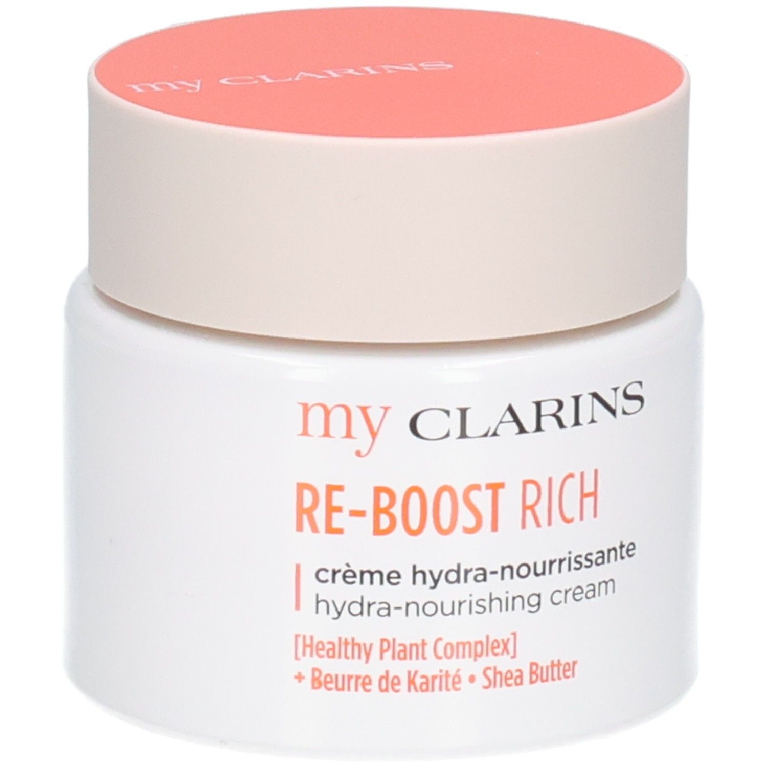 Crème Clarins Re-Boost Rich: Pot blanc avec couvercle orange, informations détaillées sur le produit.