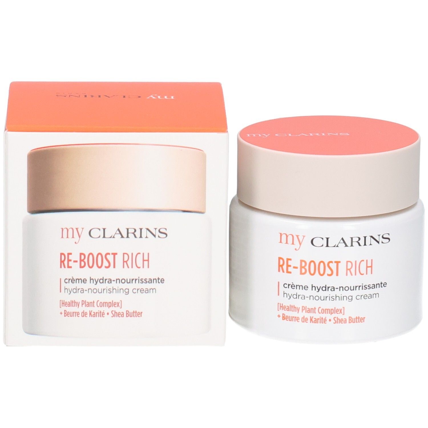 Crème Clarins Re-Boost Rich et emballage: Pot et boîte côte à côte.