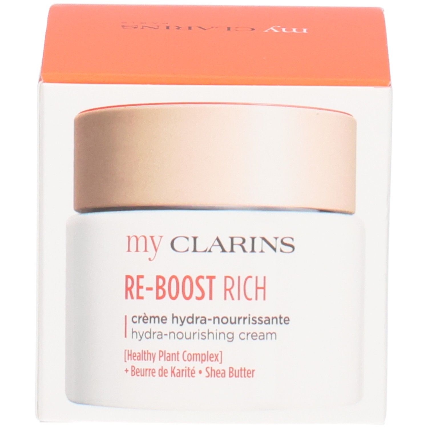 Crème Clarins Re-Boost Rich en boîte: Avant de la boîte avec image du pot.