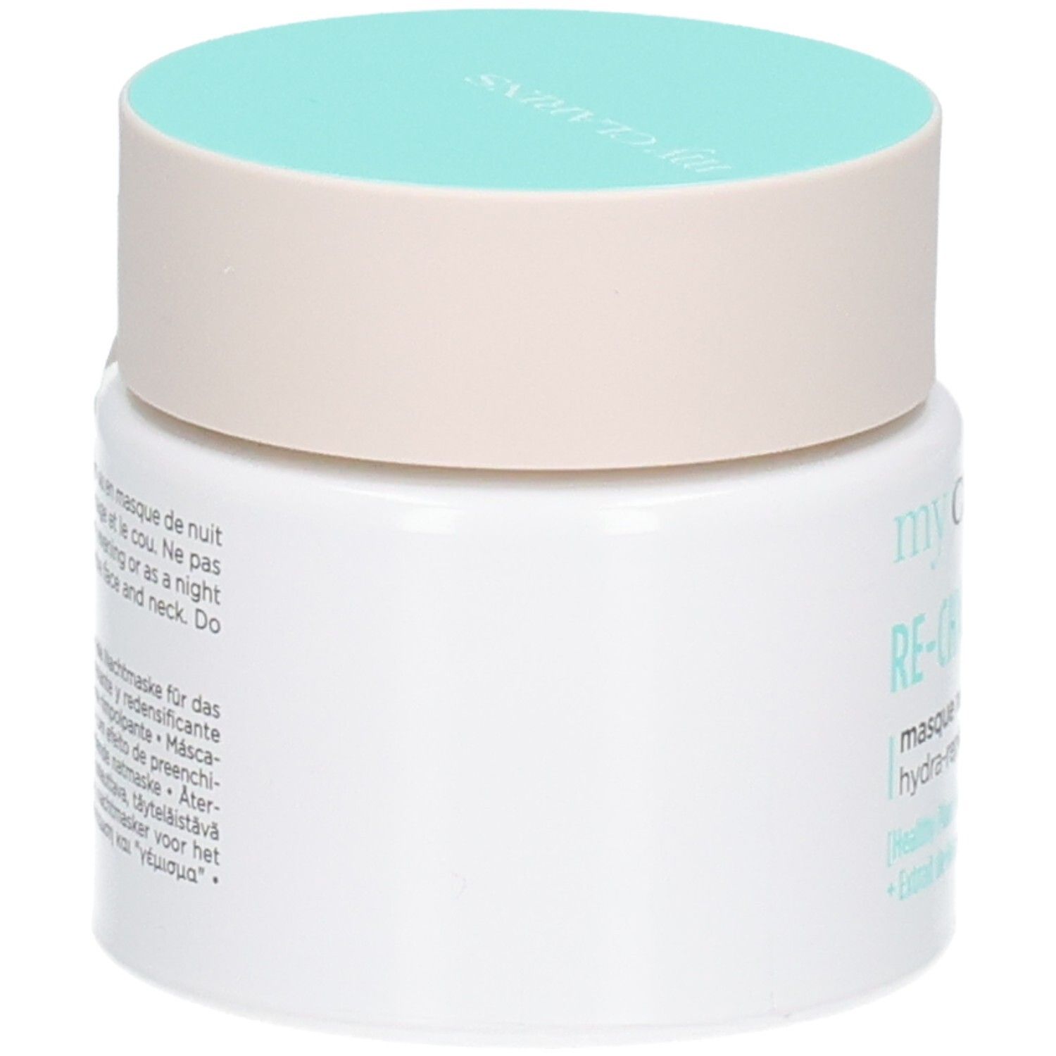 CLARINS MY RE CHARGE MASQUE NUIT HYDRA REPULPANT TP 50 ML. Pot blanc avec couvercle bleu clair, vue latérale.