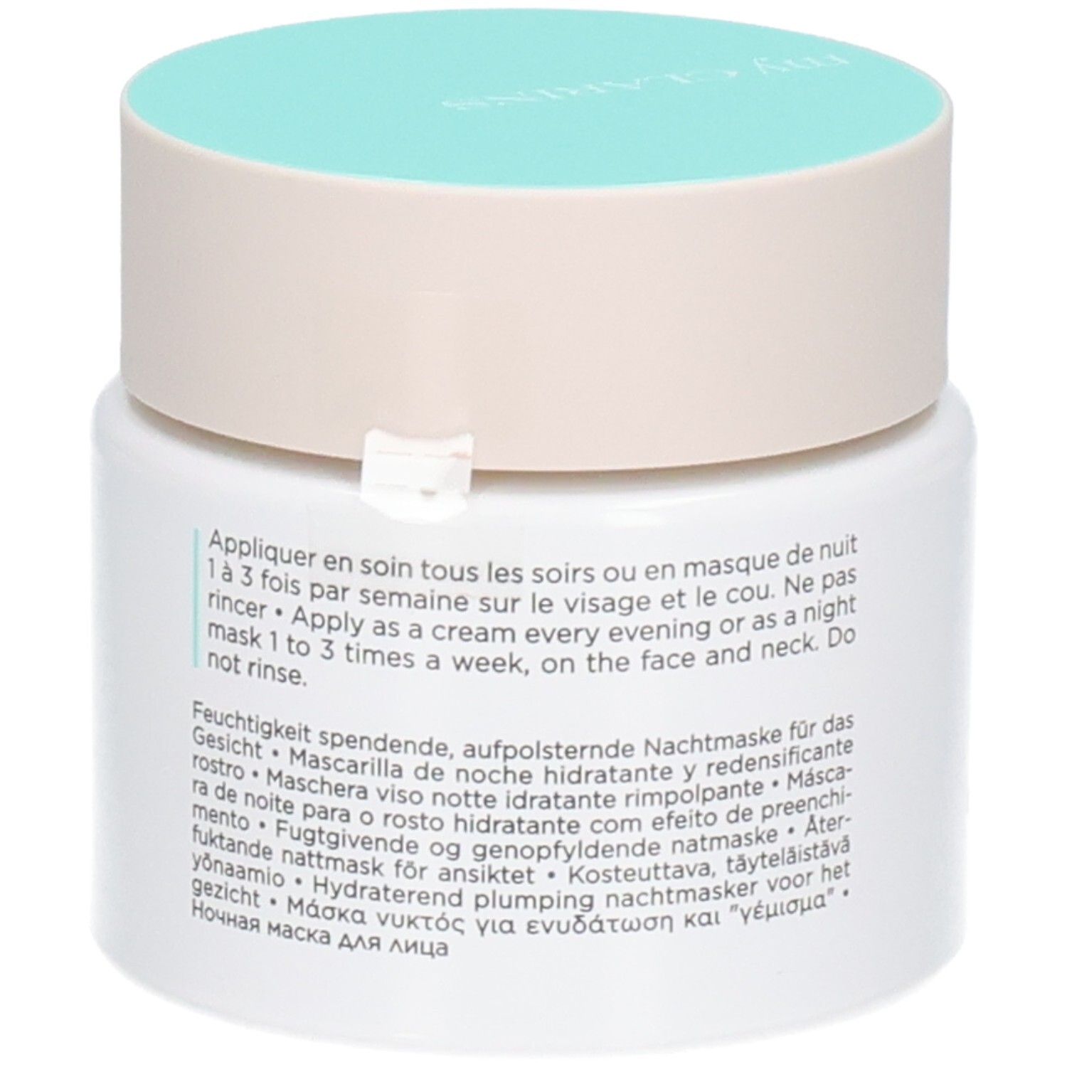 CLARINS MY RE CHARGE MASQUE NUIT HYDRA REPULPANT TP 50 ML. Arrière du pot avec instructions d'utilisation.